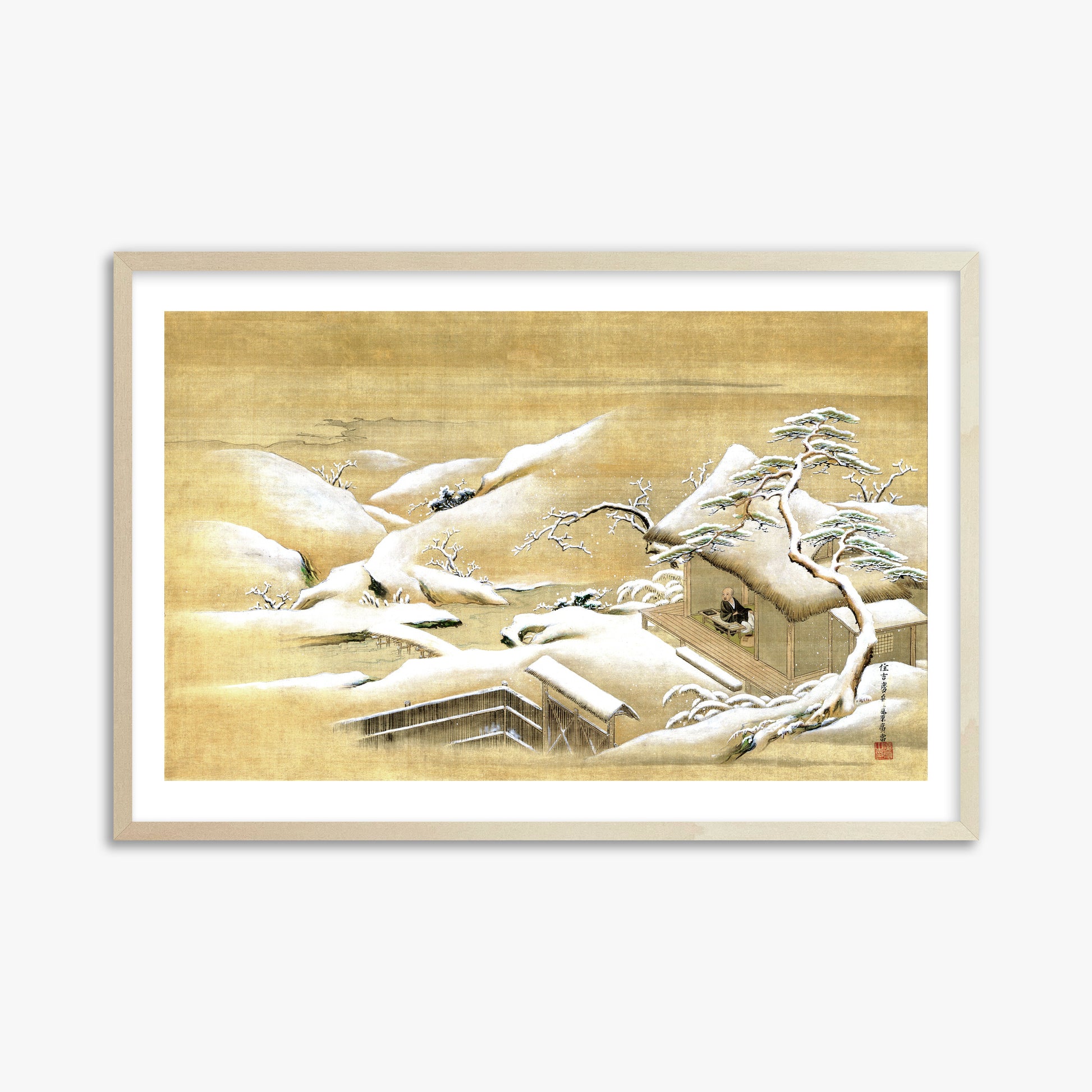 Itaya Keishū: Priest Looking Out into a Snow-covered Landscape, 61x91cm Framed Art Reproduction With Lime Wood Frame