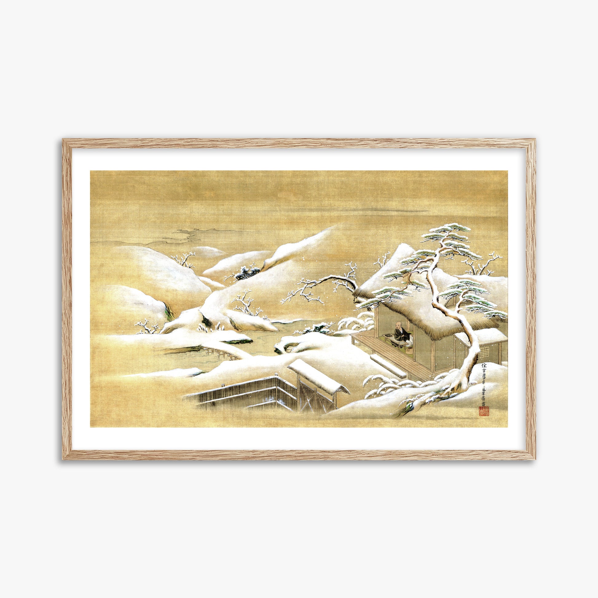 Itaya Keishū: Priest Looking Out into a Snow-covered Landscape, 61x91cm Framed Art Reproduction With Raw Oak Frame