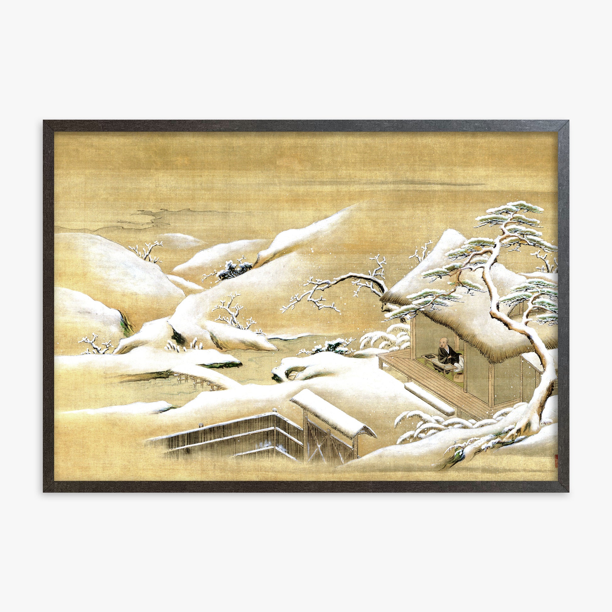 Itaya Keishū: Priest Looking Out into a Snow-covered Landscape, 70x100cm Framed Art Reproduction With Espresso Frame