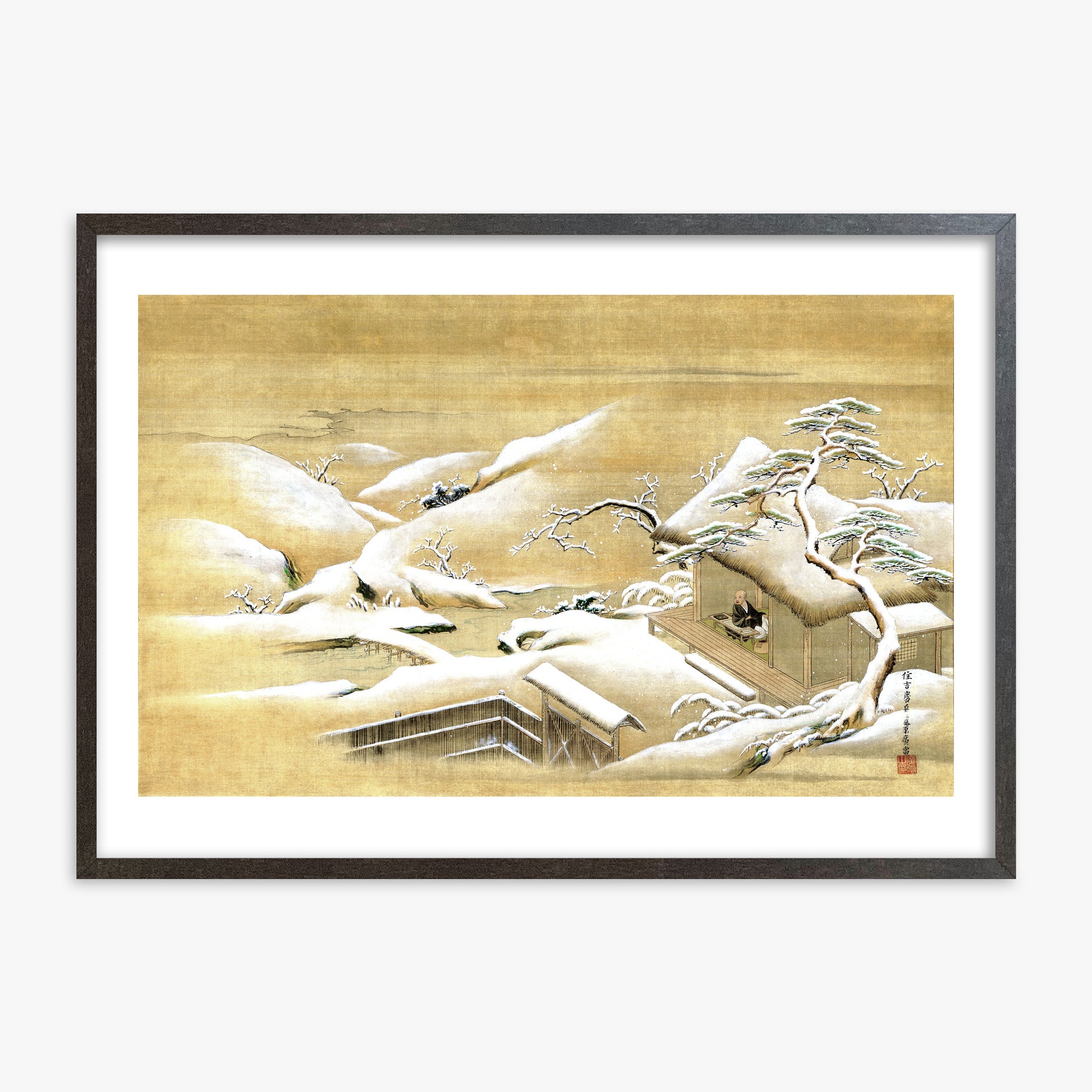 Itaya Keishū: Priest Looking Out into a Snow-covered Landscape, 70x100cm Framed Art Reproduction With Espresso Frame
