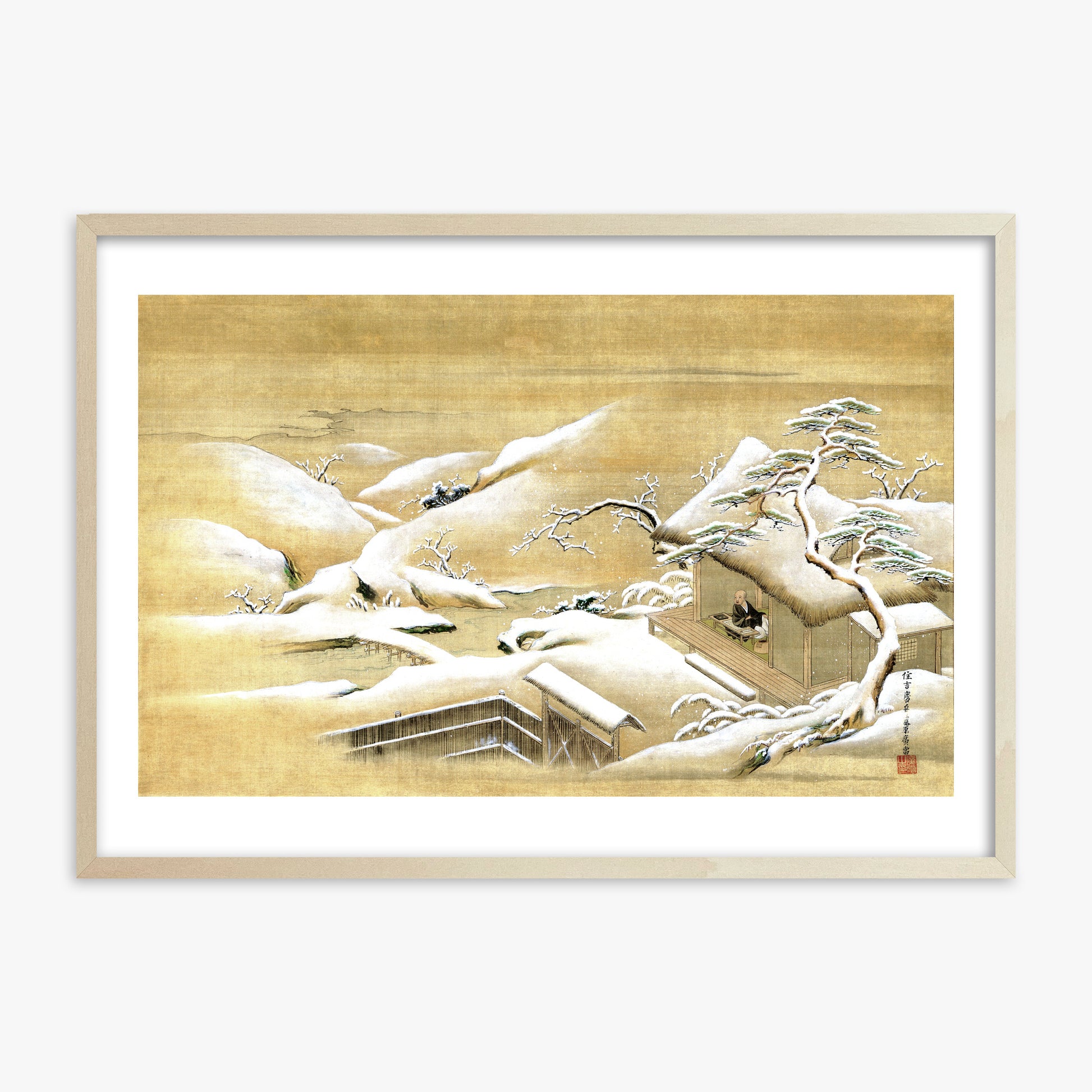 Itaya Keishū: Priest Looking Out into a Snow-covered Landscape, 70x100cm Framed Art Reproduction With Lime Wood Frame