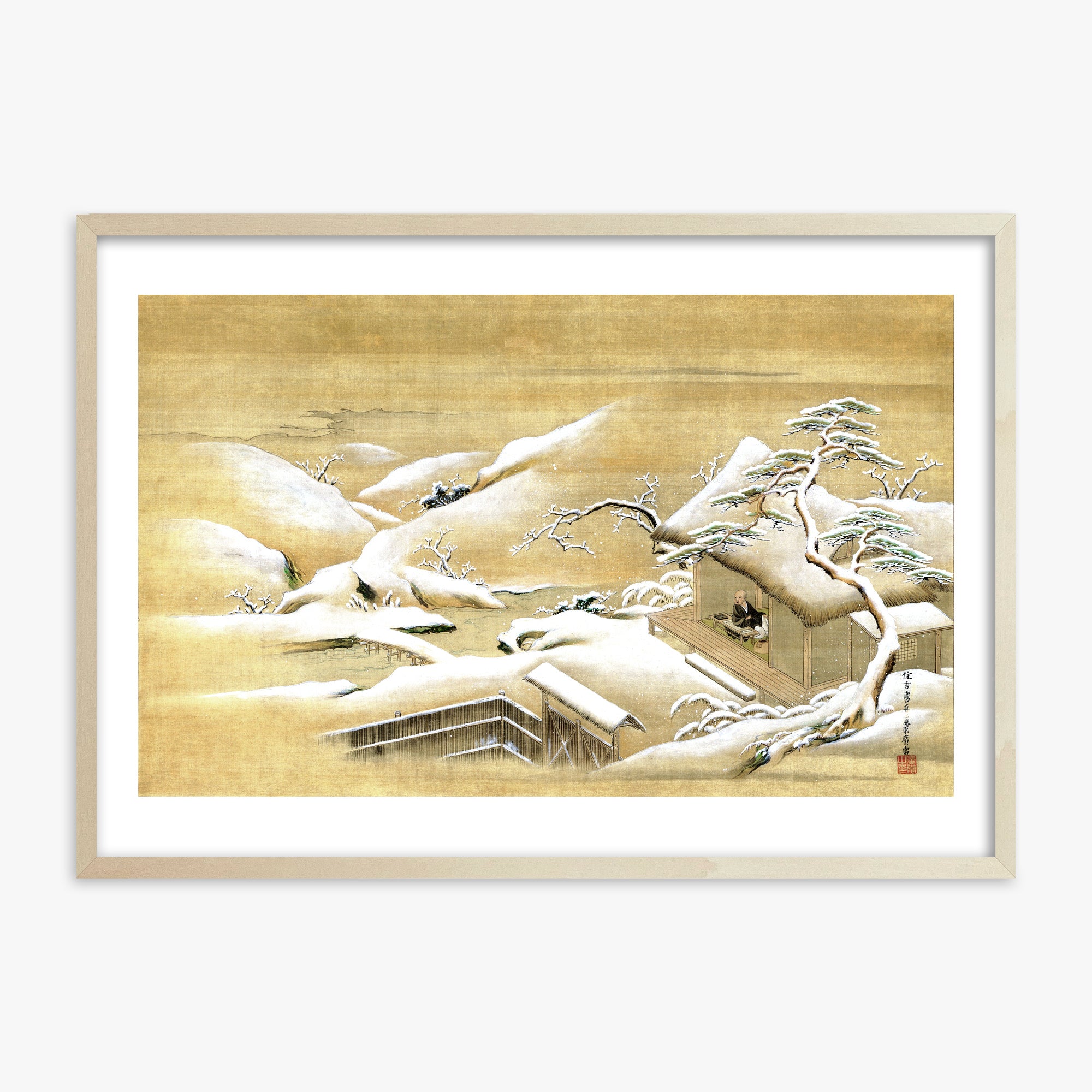 Itaya Keishū: Priest Looking Out into a Snow-covered Landscape, 70x100cm Framed Art Reproduction With Lime Wood Frame