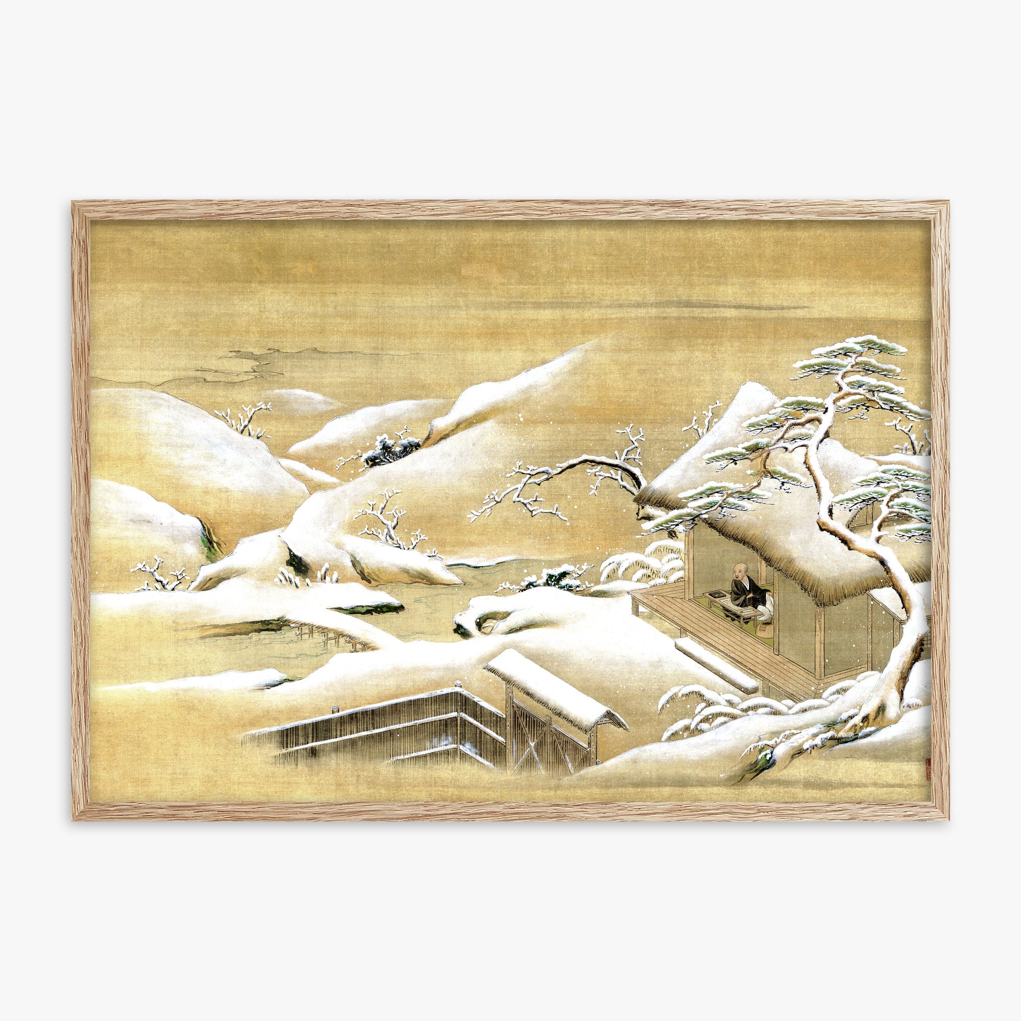 Itaya Keishū: Priest Looking Out into a Snow-covered Landscape, 70x100cm Framed Art Reproduction With Raw Oak Frame