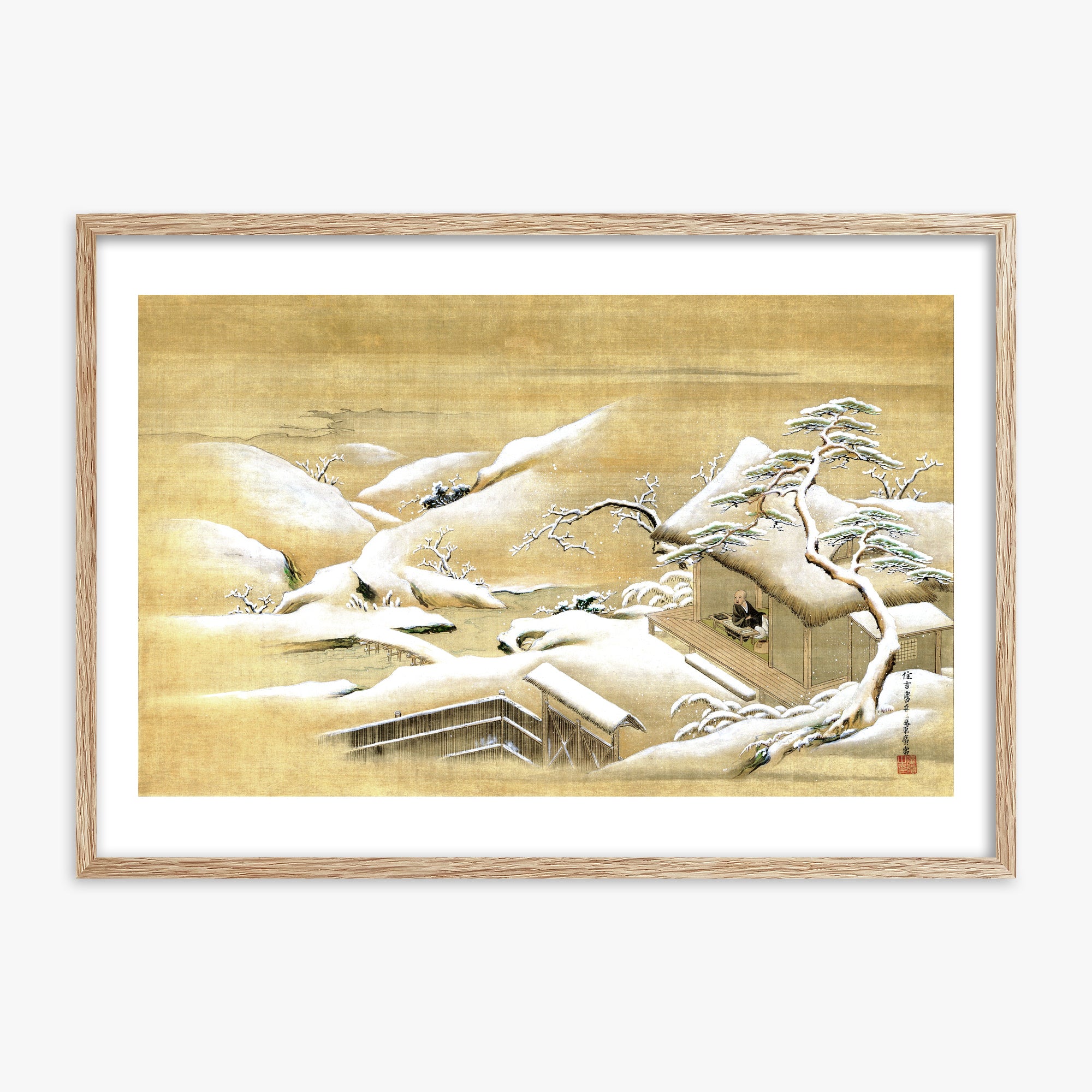 Itaya Keishū: Priest Looking Out into a Snow-covered Landscape, 70x100cm Framed Art Reproduction With Raw Oak Frame
