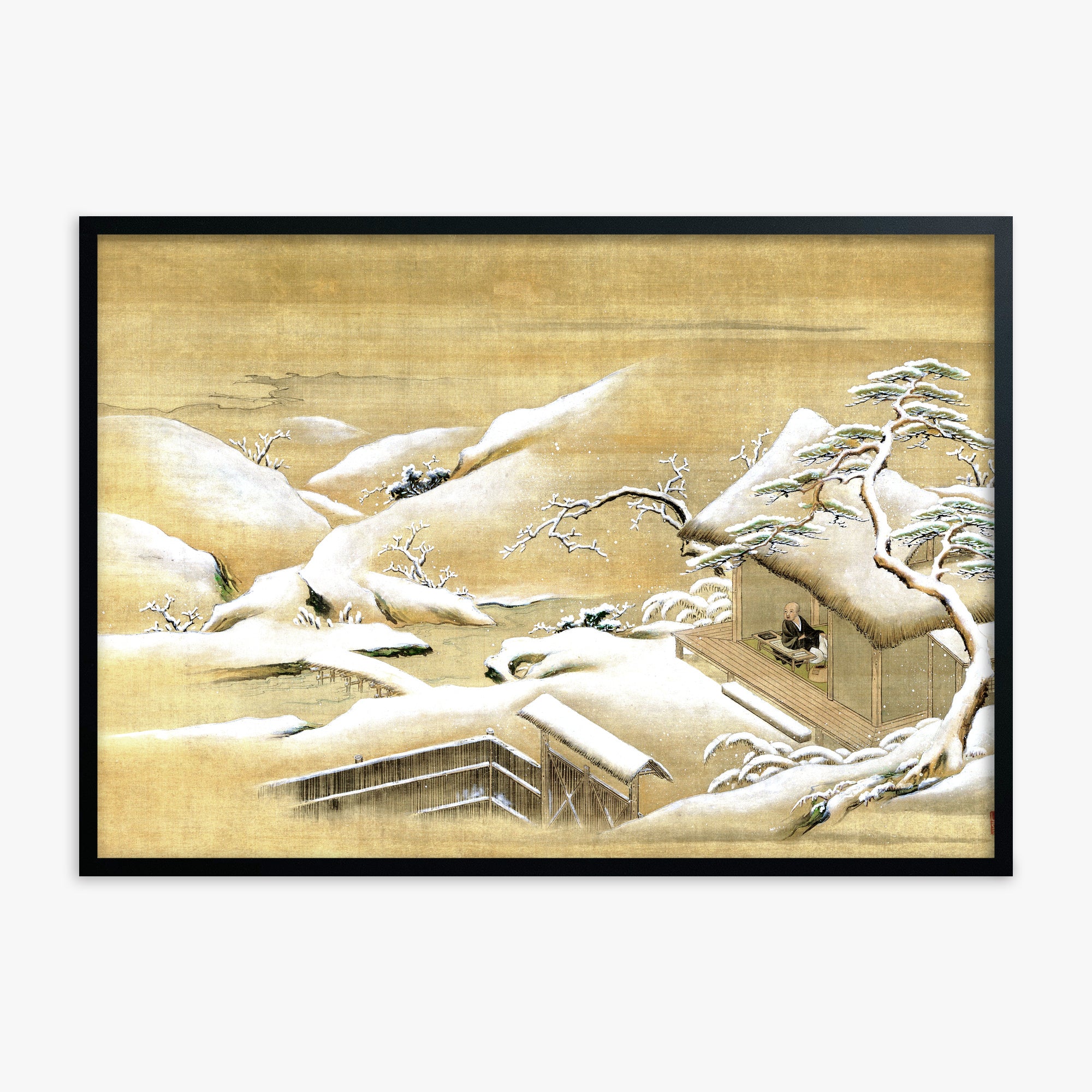 Itaya Keishū: Priest Looking Out into a Snow-covered Landscape, Black Framed Art Reproduction With Black Frame