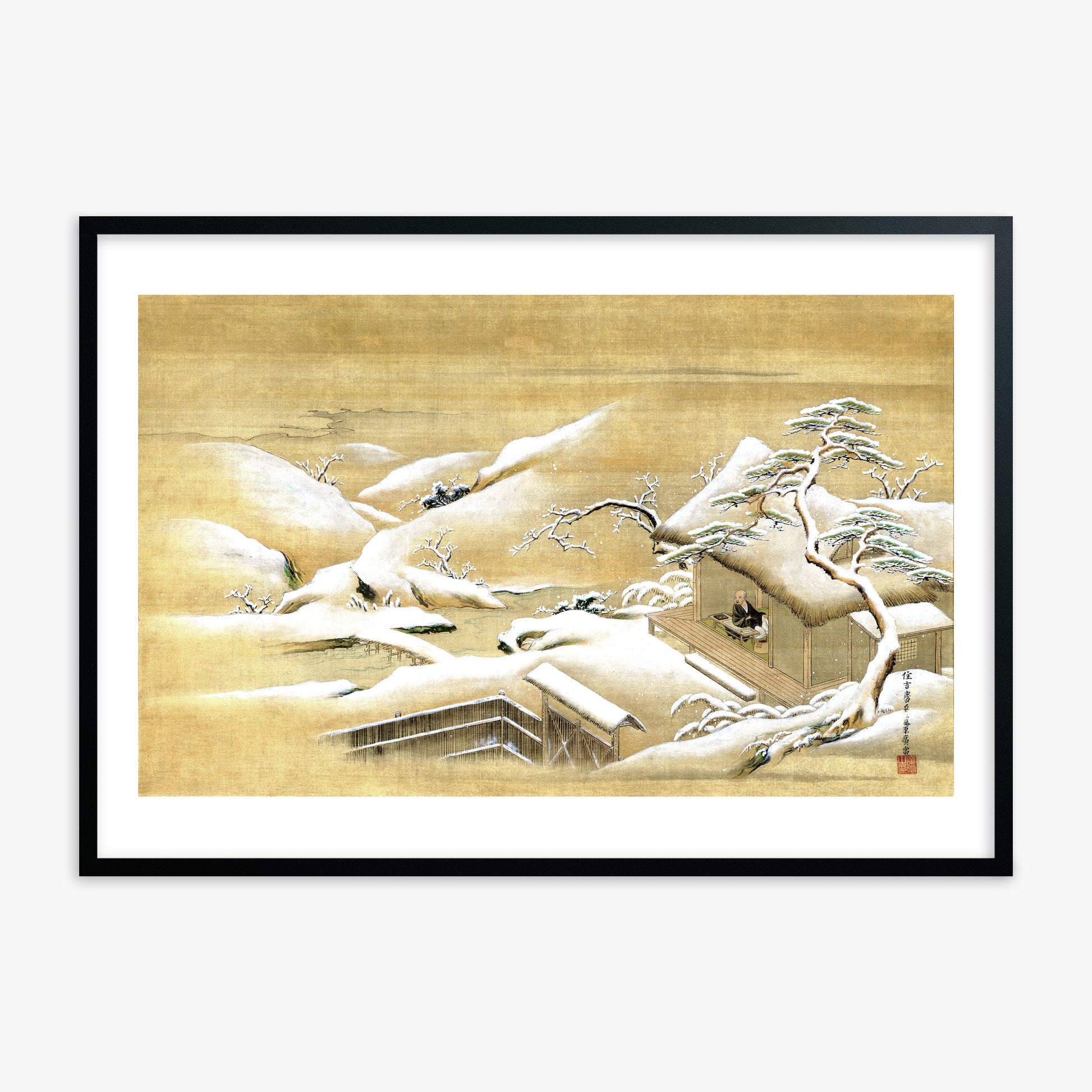 Itaya Keishū: Priest Looking Out into a Snow-covered Landscape, Black Framed Art Reproduction With Black Frame