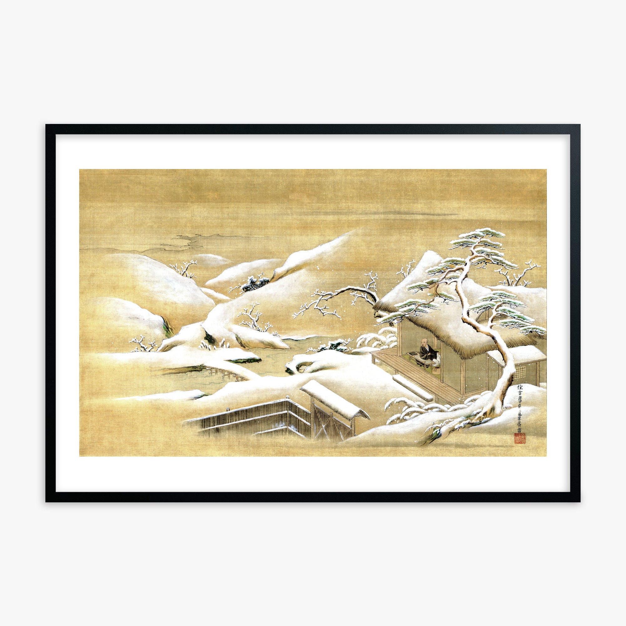 Itaya Keishū: Priest Looking Out into a Snow-covered Landscape, Black Framed Art Reproduction With Black Frame