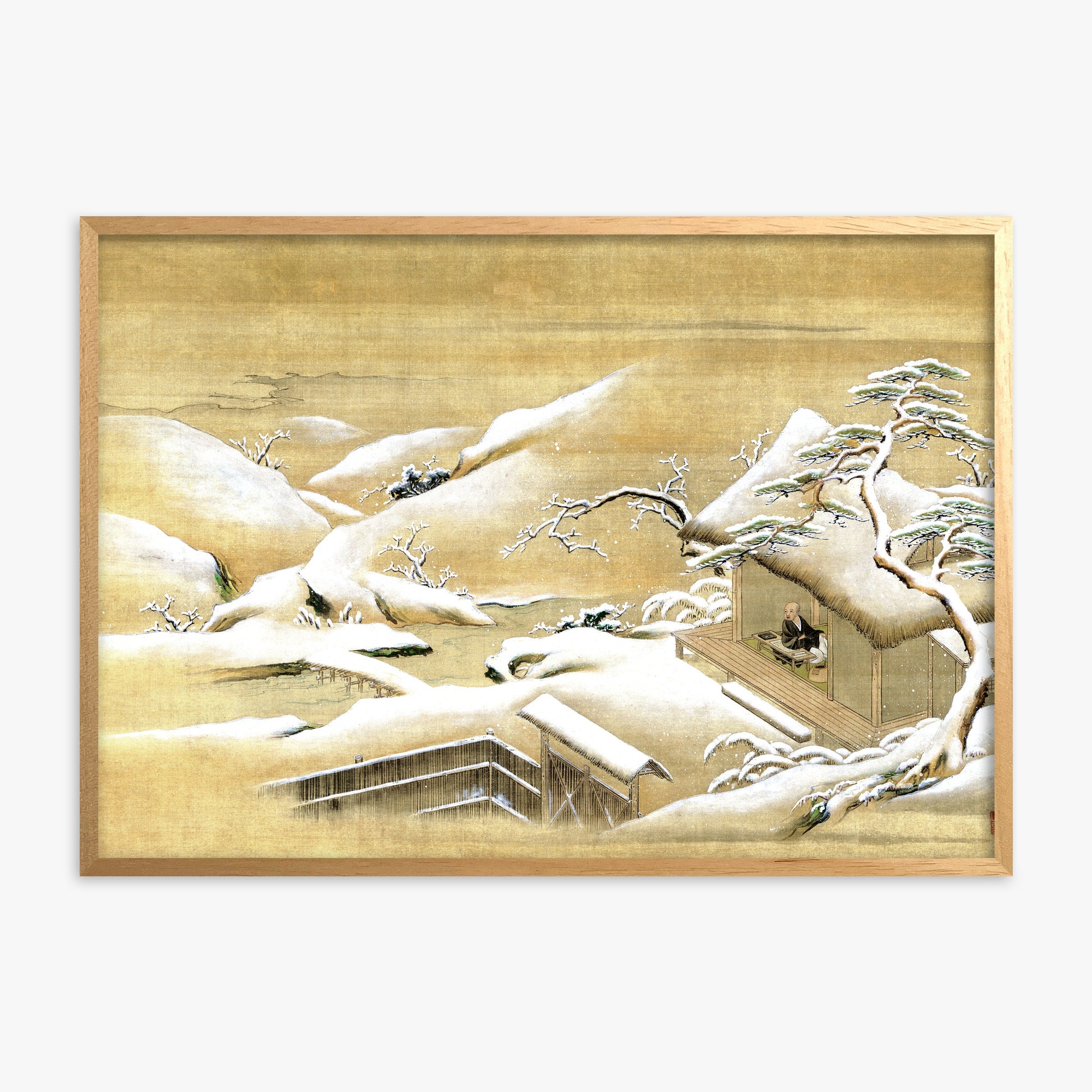 Itaya Keishū: Priest Looking Out into a Snow-covered Landscape, Oak Framed Art Reproduction With Oak Frame