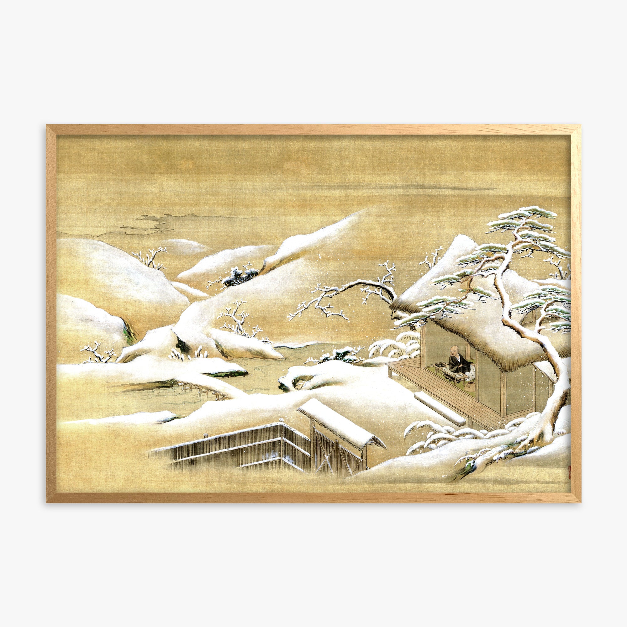 Itaya Keishū: Priest Looking Out into a Snow-covered Landscape, Oak Framed Art Reproduction With Oak Frame