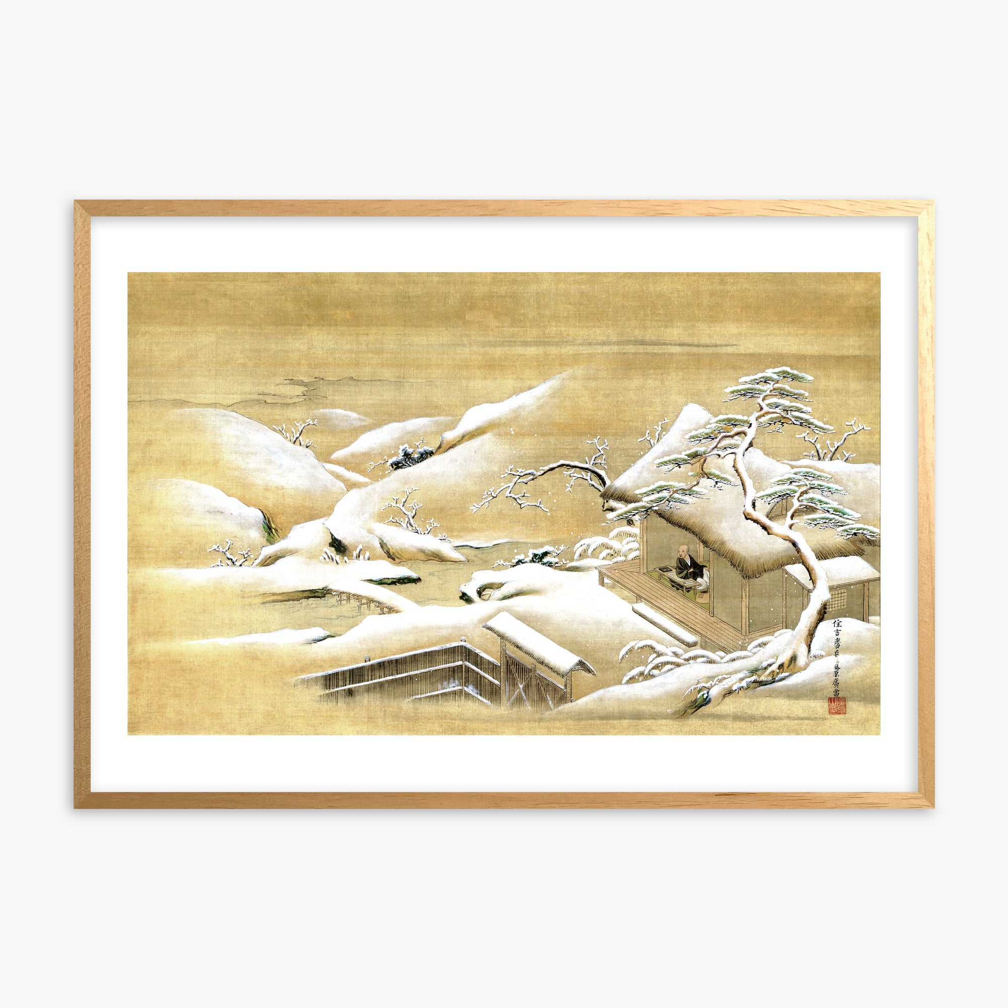 Itaya Keishū: Priest Looking Out into a Snow-covered Landscape, Oak Framed Art Reproduction With Oak Frame