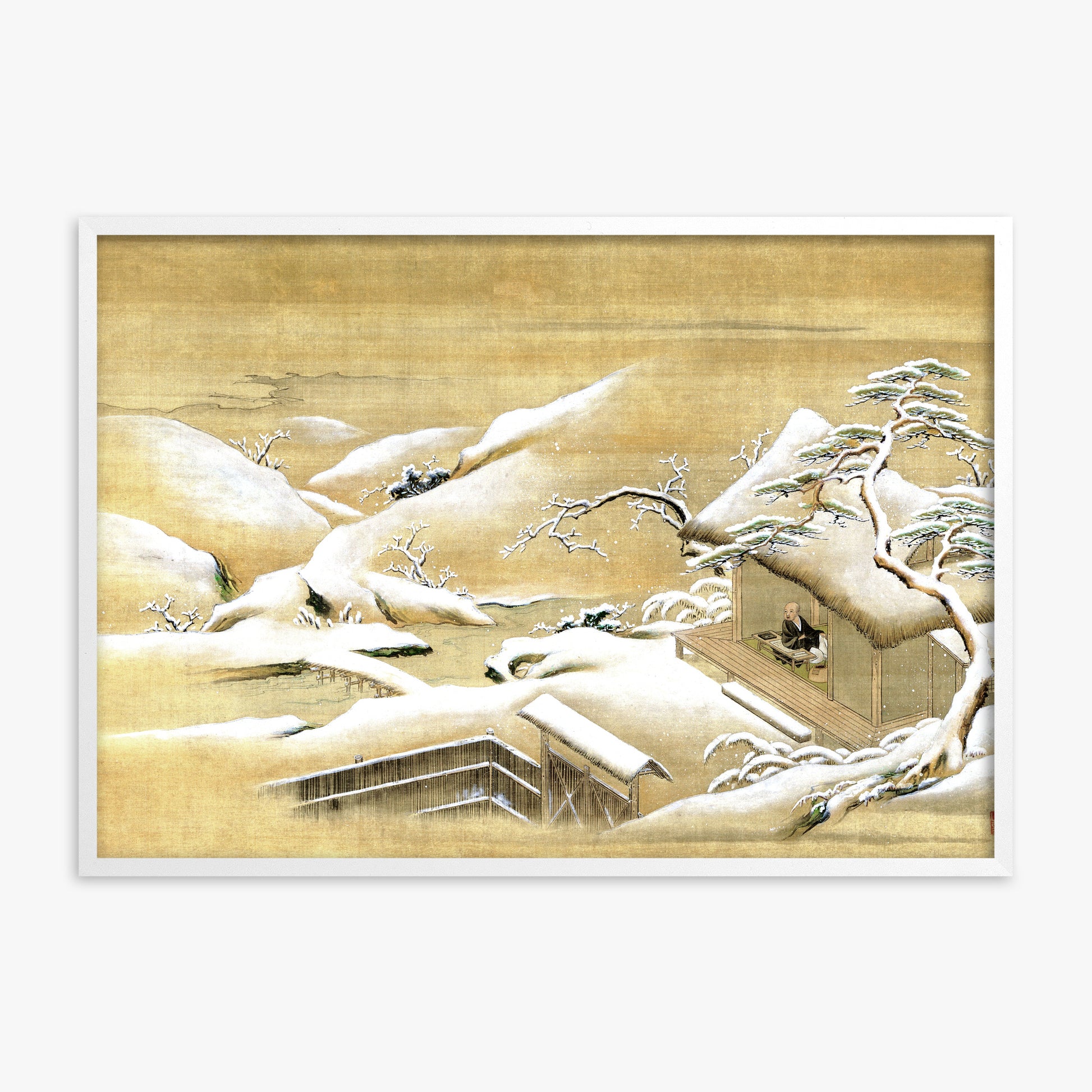 Itaya Keishū: Priest Looking Out into a Snow-covered Landscape, White Framed Art Reproduction With White Frame