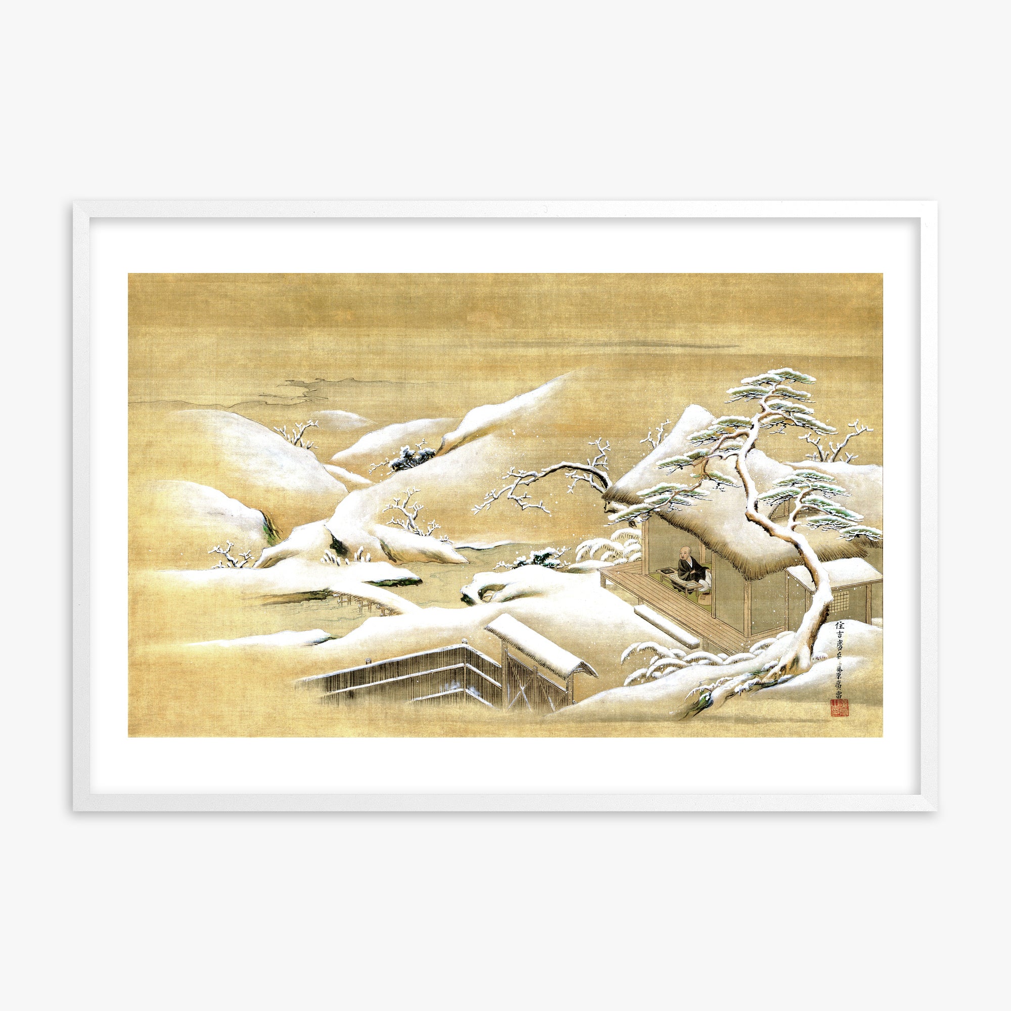 Itaya Keishū: Priest Looking Out into a Snow-covered Landscape, White Framed Art Reproduction With White Frame