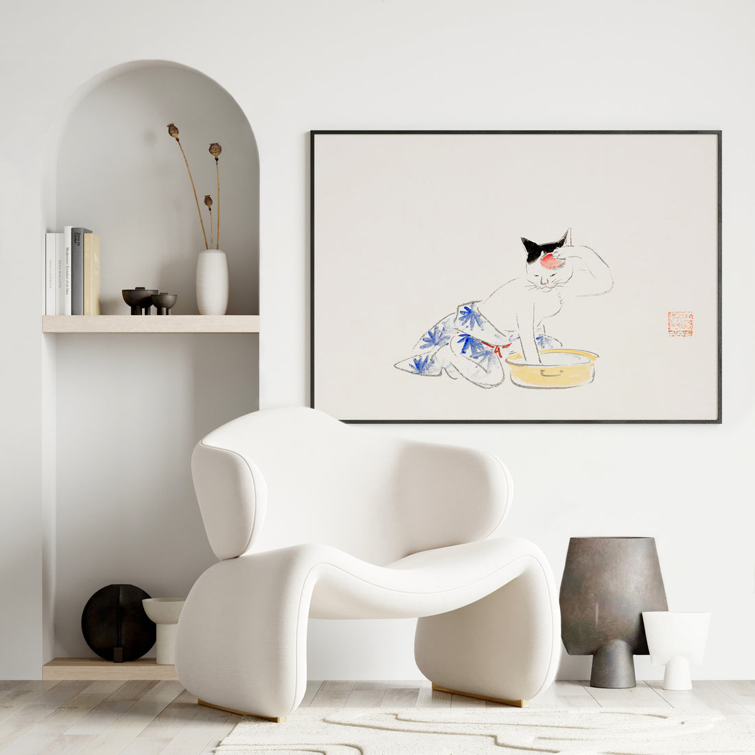 Utagawa Hiroshige: Cat (from the Album of Ichiryusai Hiroshige`s Sketches), 50x70cm Framed Art Reproduction With Black Frame
