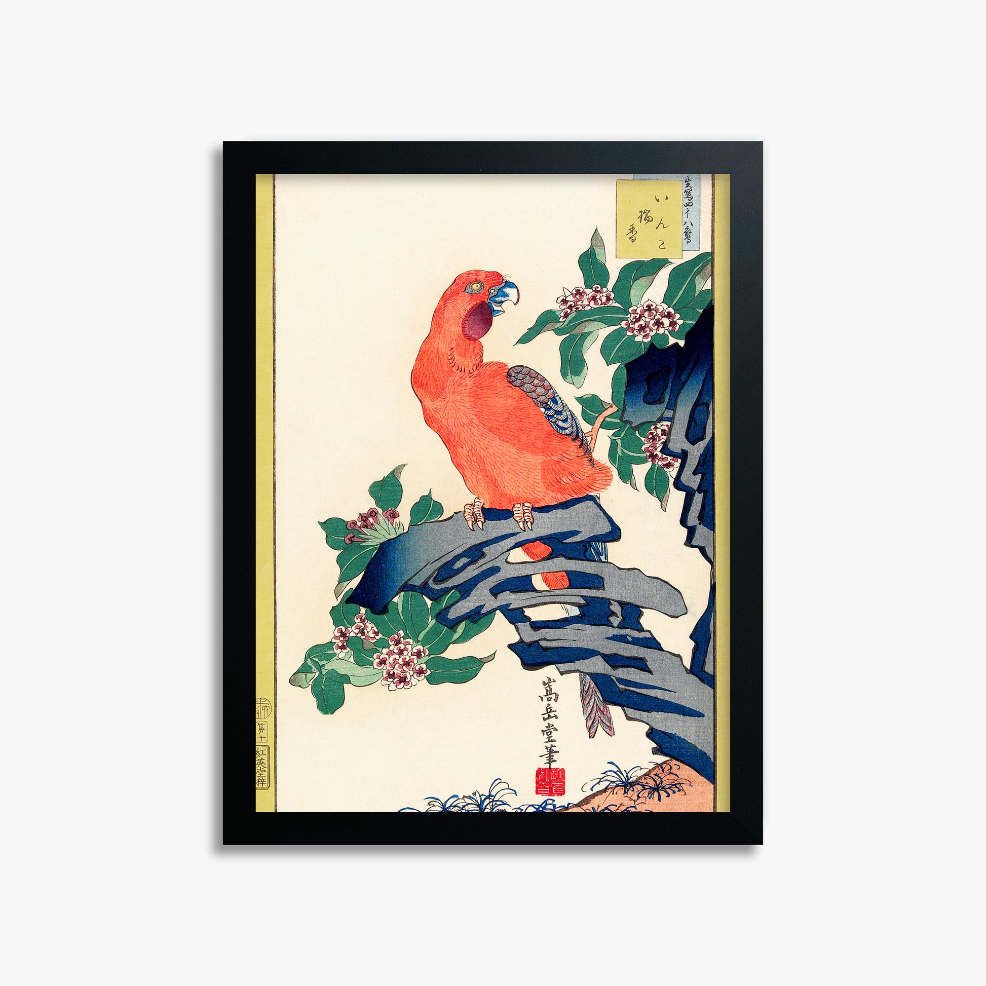 Nakayama Sūgakudō: Pink Parrot on Rock, 30x40cm Framed Art Reproduction With Black Frame