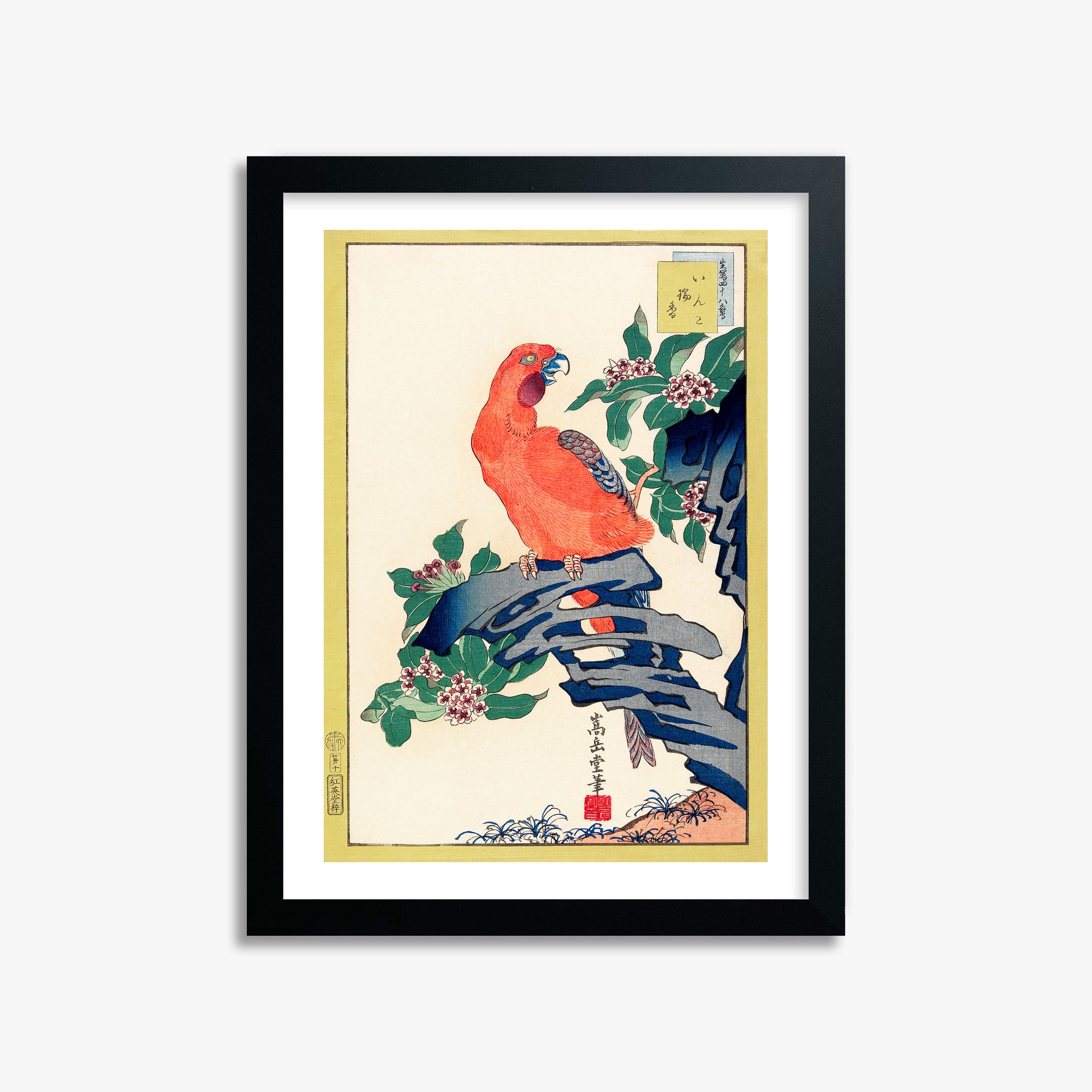 Nakayama Sūgakudō: Pink Parrot on Rock, 30x40cm Framed Art Reproduction With Black Frame
