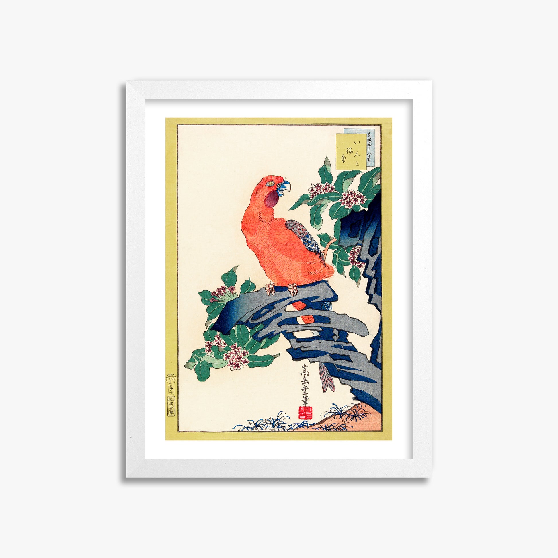 Nakayama Sūgakudō: Pink Parrot on Rock, 30x40cm Framed Art Reproduction With White Frame