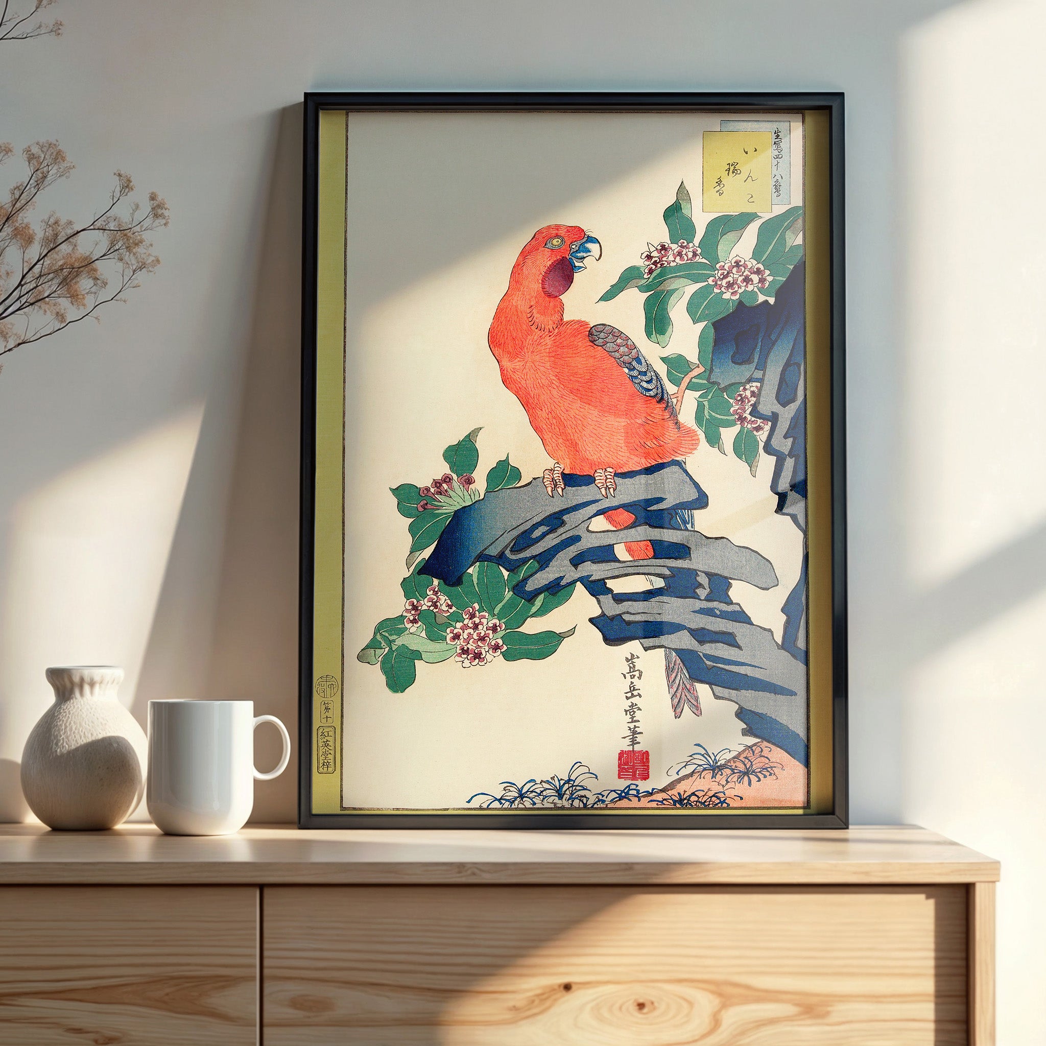 Design Concept No. 22 for Nakayama Sūgakudō: Pink Parrot on Rock Japanese Wall Art
