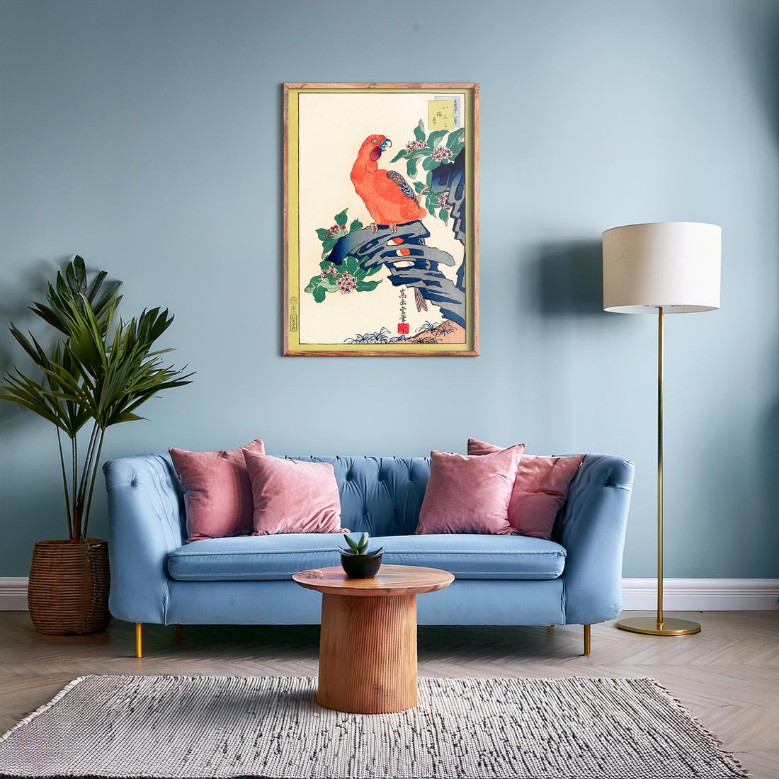 Nakayama Sūgakudō: Pink Parrot on Rock, 50x70cm Framed Art Reproduction With Black Frame