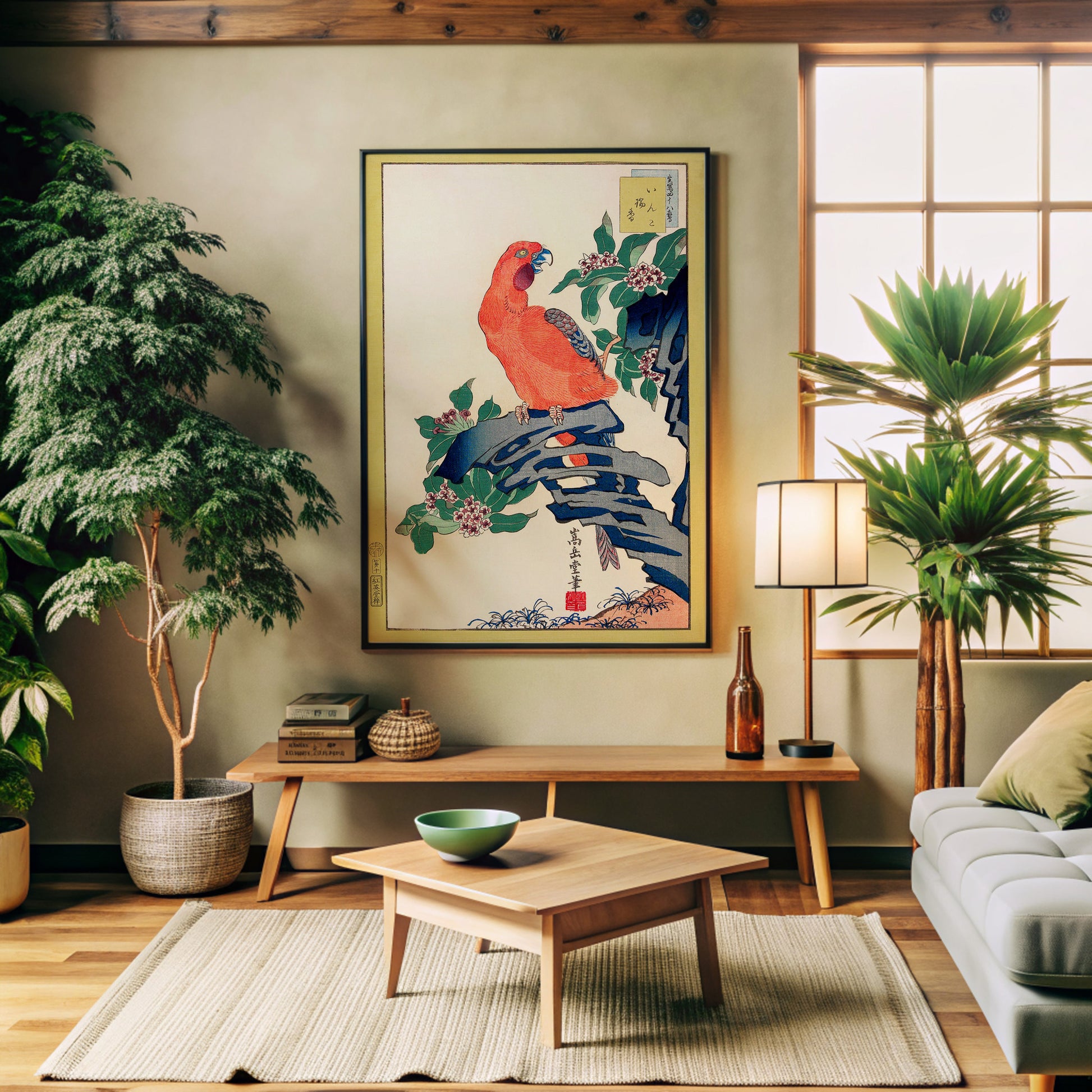 Design Concept No. 32 for Nakayama Sūgakudō: Pink Parrot on Rock Japanese Wall Art