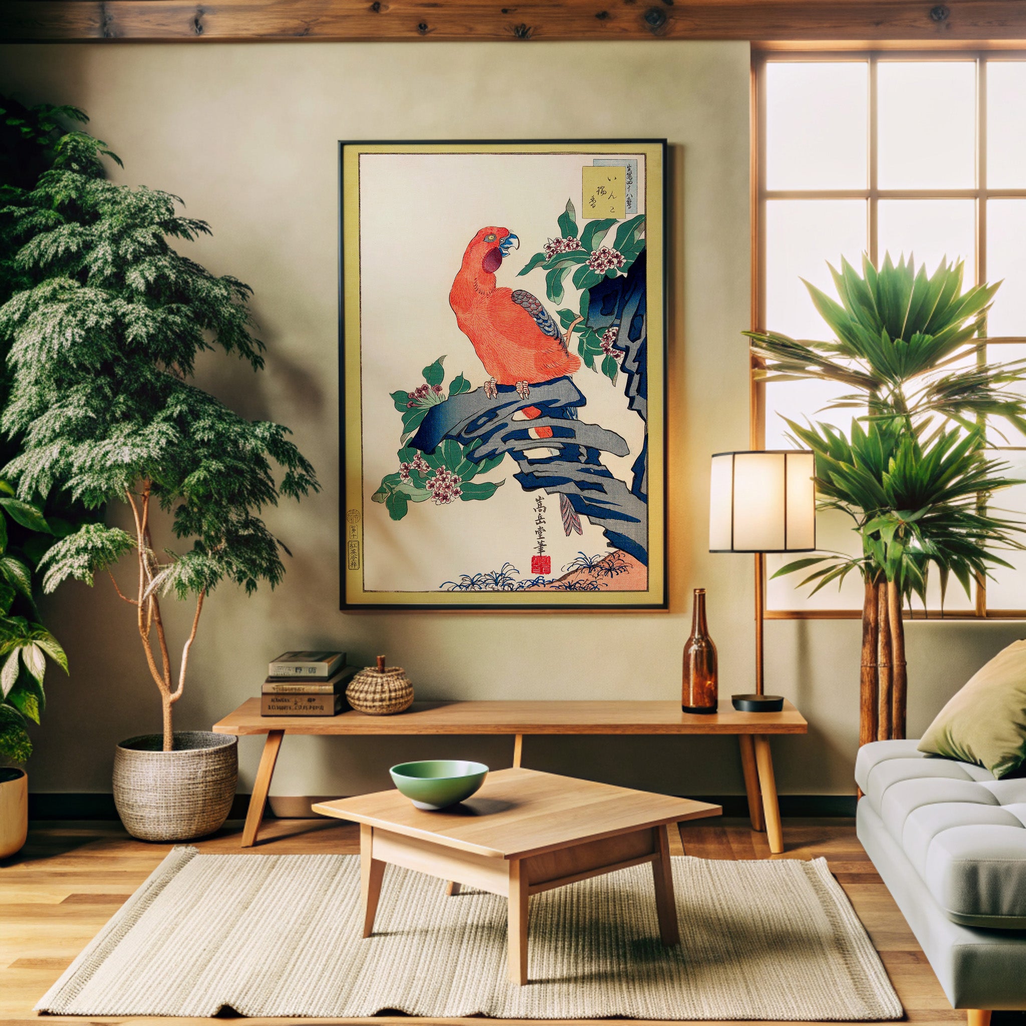Design Concept No. 32 for Nakayama Sūgakudō: Pink Parrot on Rock Japanese Wall Art