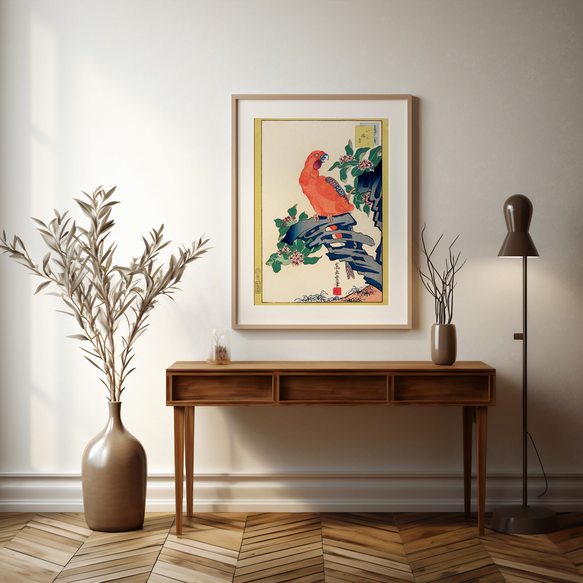 Design Concept No. 37 for Nakayama Sūgakudō: Pink Parrot on Rock Japanese Wall Art