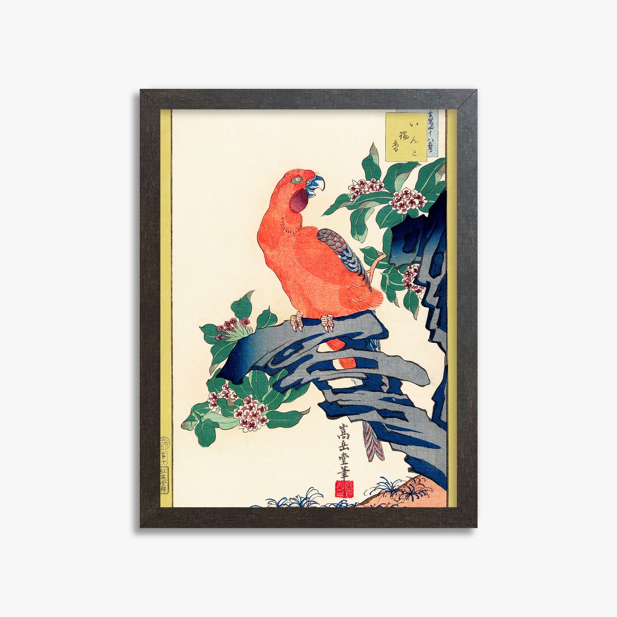 Nakayama Sūgakudō: Pink Parrot on Rock, 30x40cm Framed Art Reproduction With Espresso Frame