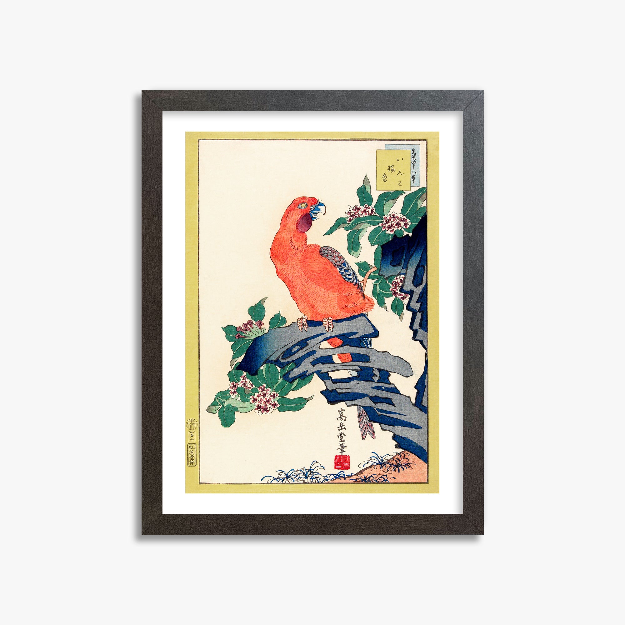Nakayama Sūgakudō: Pink Parrot on Rock, 30x40cm Framed Art Reproduction With Espresso Frame