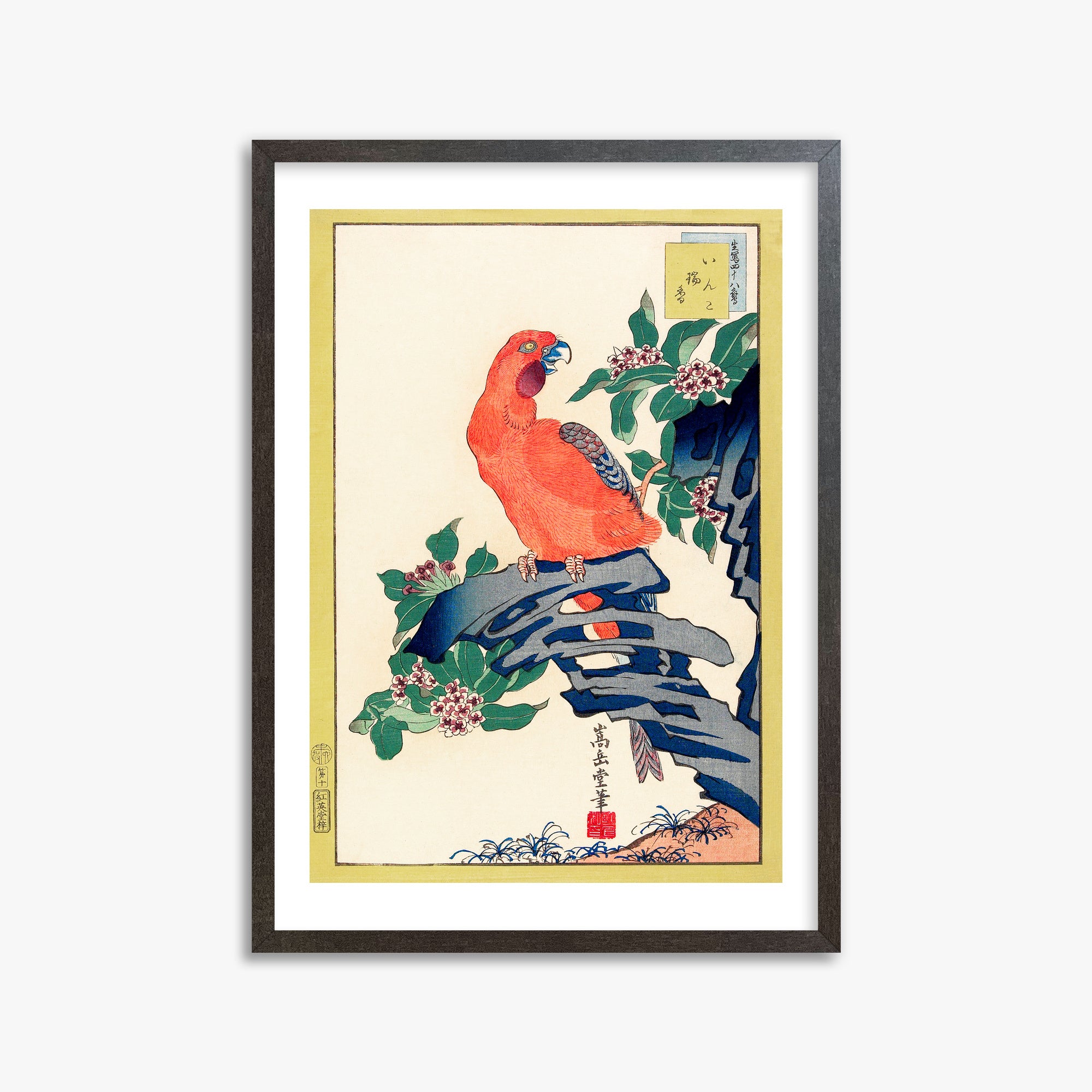 Nakayama Sūgakudō: Pink Parrot on Rock, 50x70cm Framed Art Reproduction With Espresso Frame