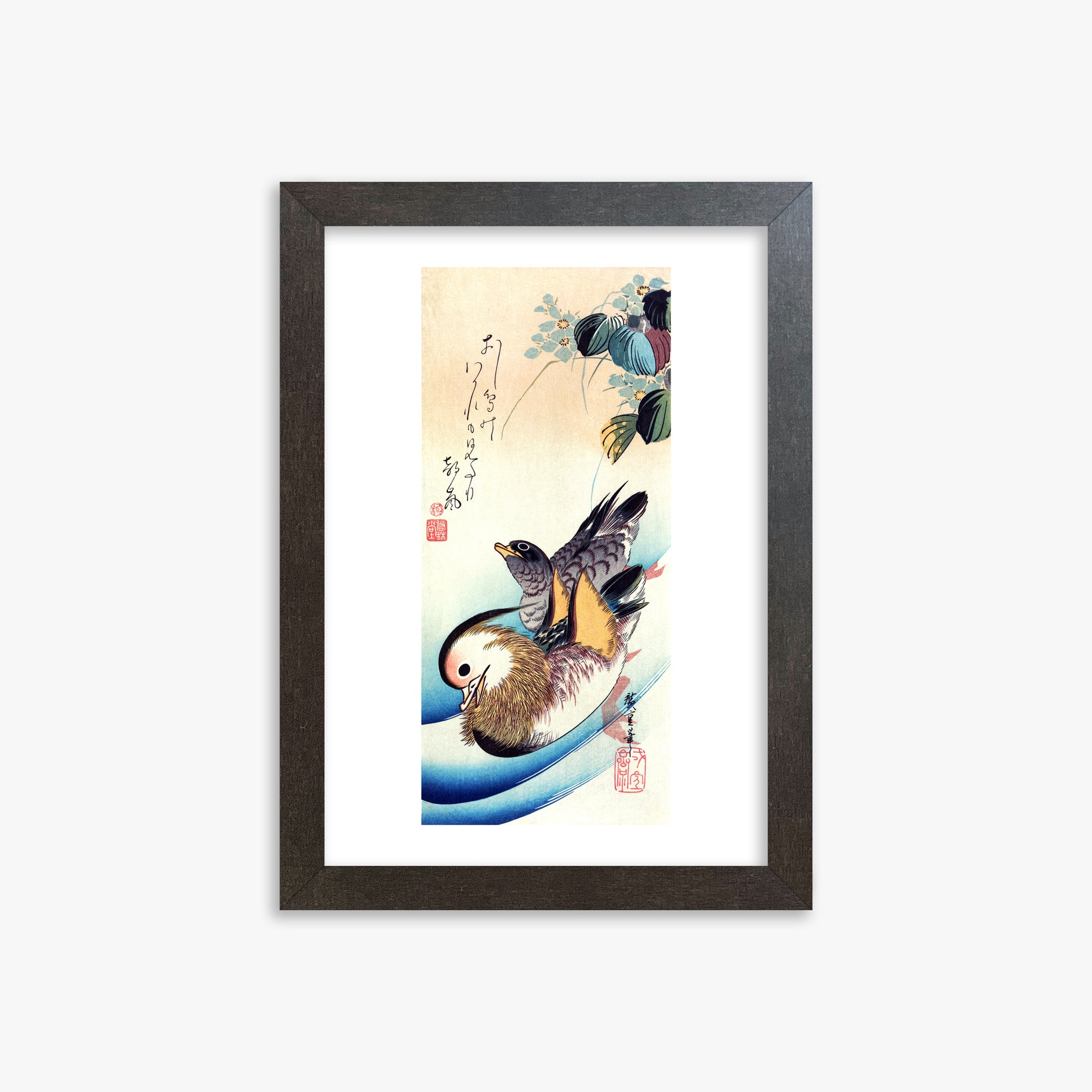 Utagawa Hiroshige: Two Mandarin Ducks, 21x30cm Framed Art Reproduction With Espresso Frame