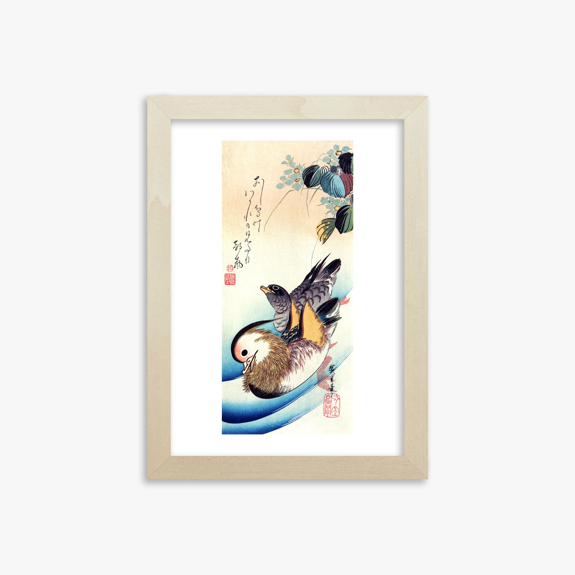 Utagawa Hiroshige: Two Mandarin Ducks, 21x30cm Framed Art Reproduction With Lime Wood Frame