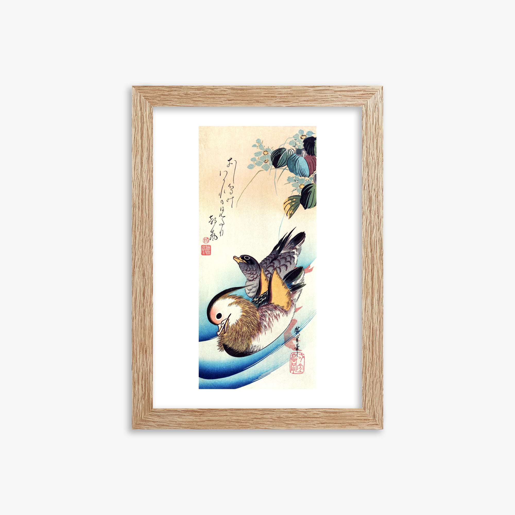 Utagawa Hiroshige: Two Mandarin Ducks, 21x30cm Framed Art Reproduction With Raw Oak Frame