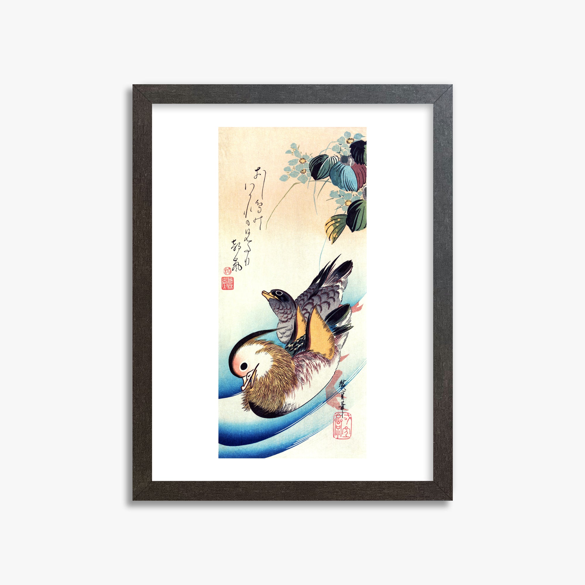 Utagawa Hiroshige: Two Mandarin Ducks, 30x40cm Framed Art Reproduction With Espresso Frame