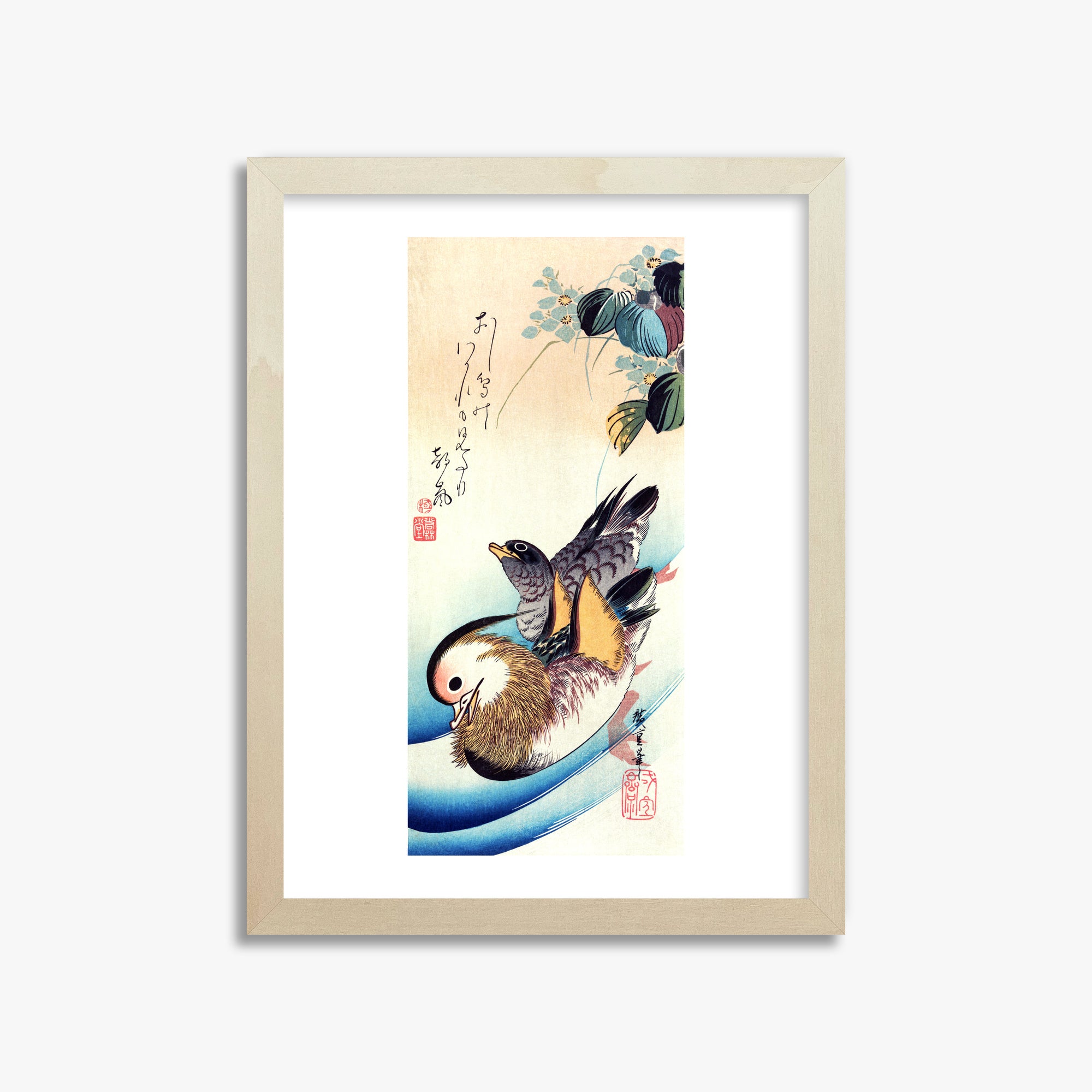 Utagawa Hiroshige: Two Mandarin Ducks, 30x40cm Framed Art Reproduction With Lime Wood Frame