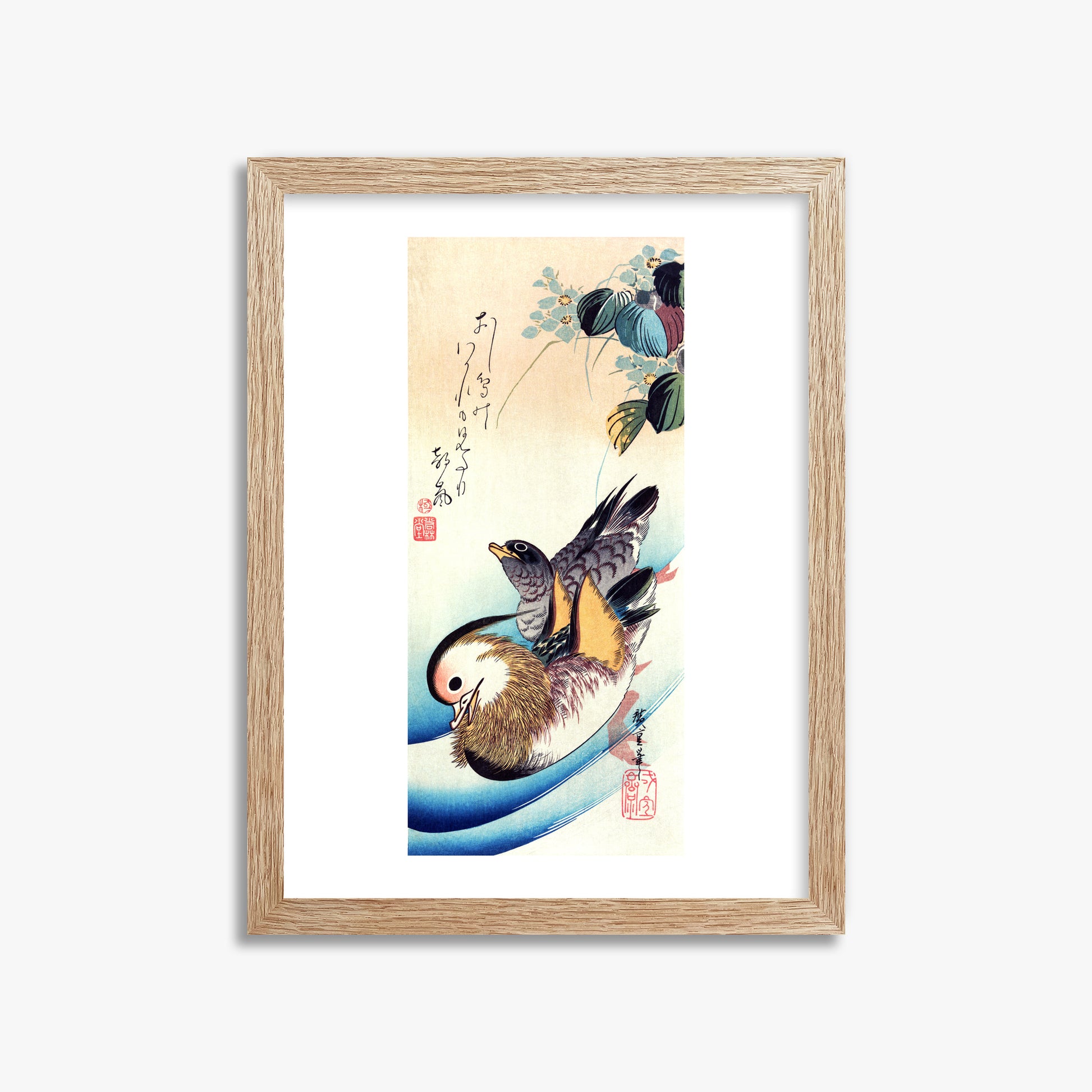Utagawa Hiroshige: Two Mandarin Ducks, 30x40cm Framed Art Reproduction With Raw Oak Frame
