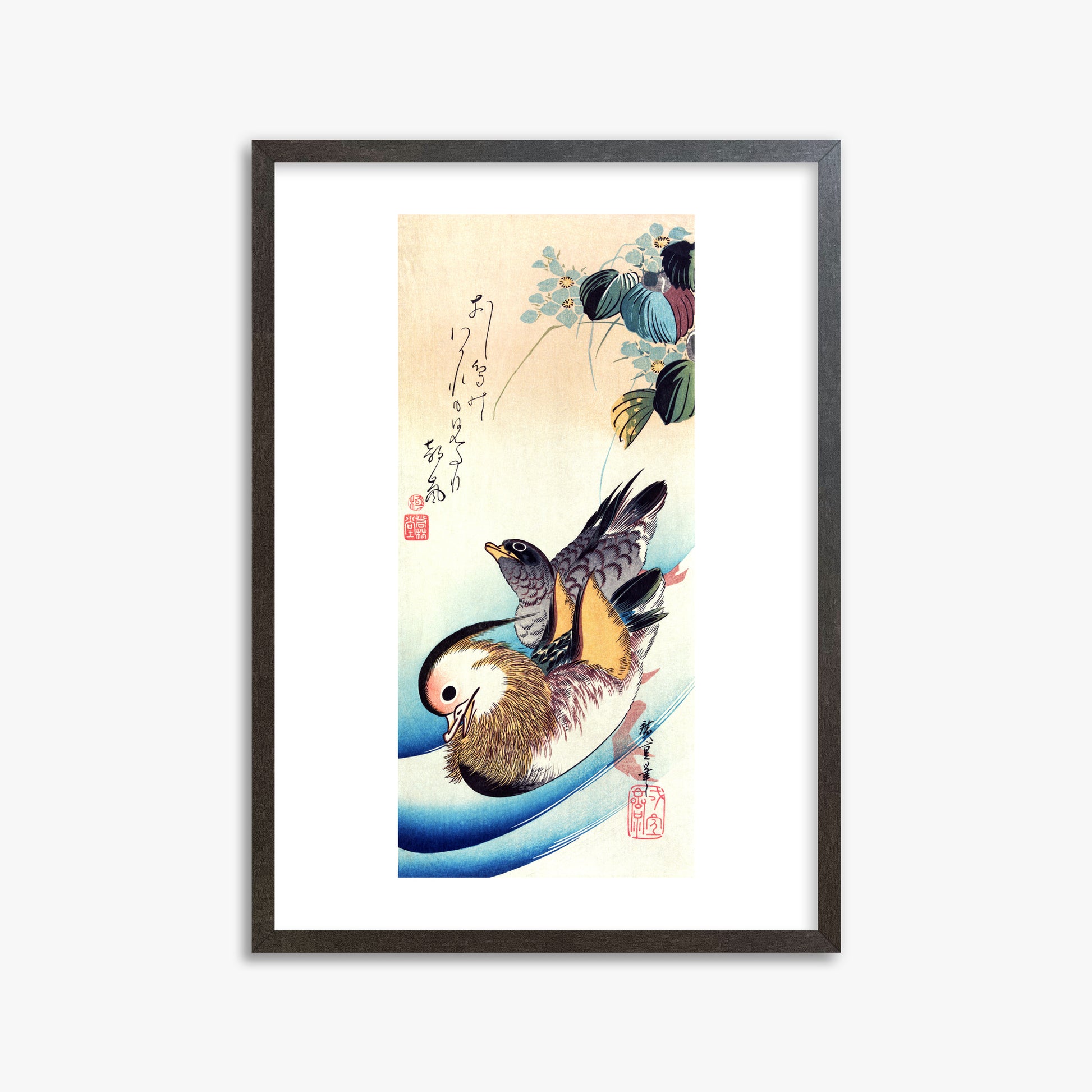 Utagawa Hiroshige: Two Mandarin Ducks, 50x70cm Framed Art Reproduction With Espresso Frame