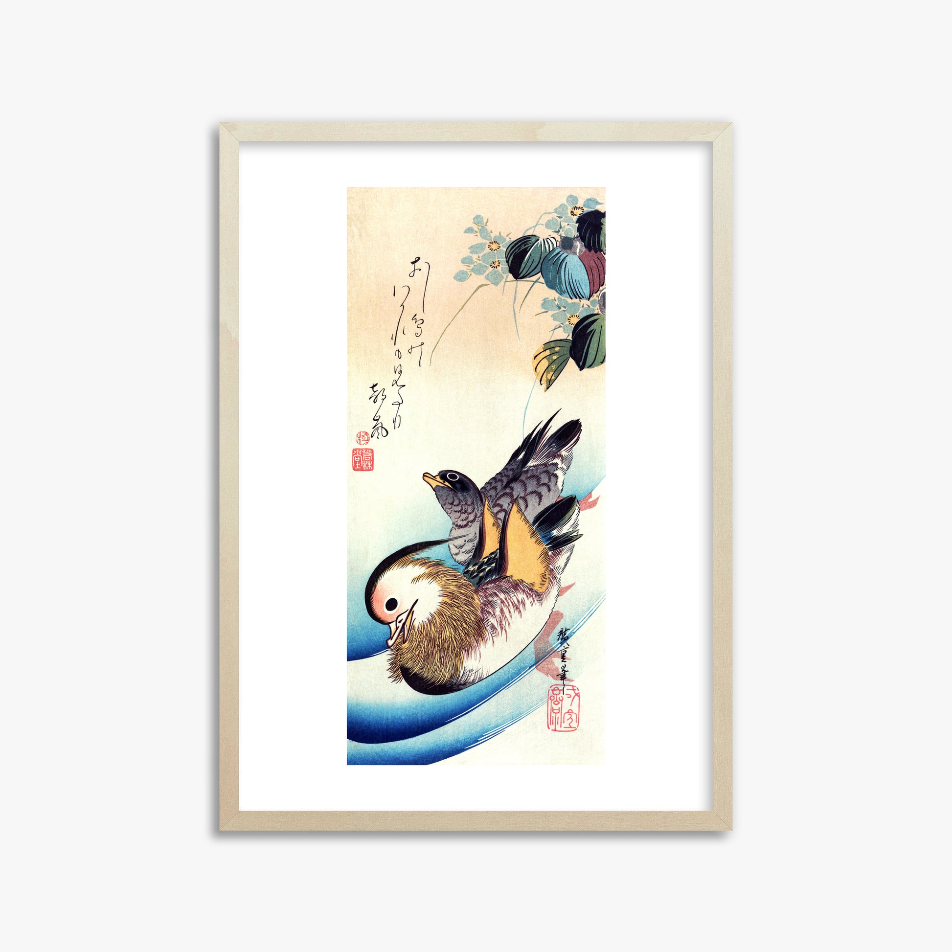 Utagawa Hiroshige: Two Mandarin Ducks, 50x70cm Framed Art Reproduction With Lime Wood Frame