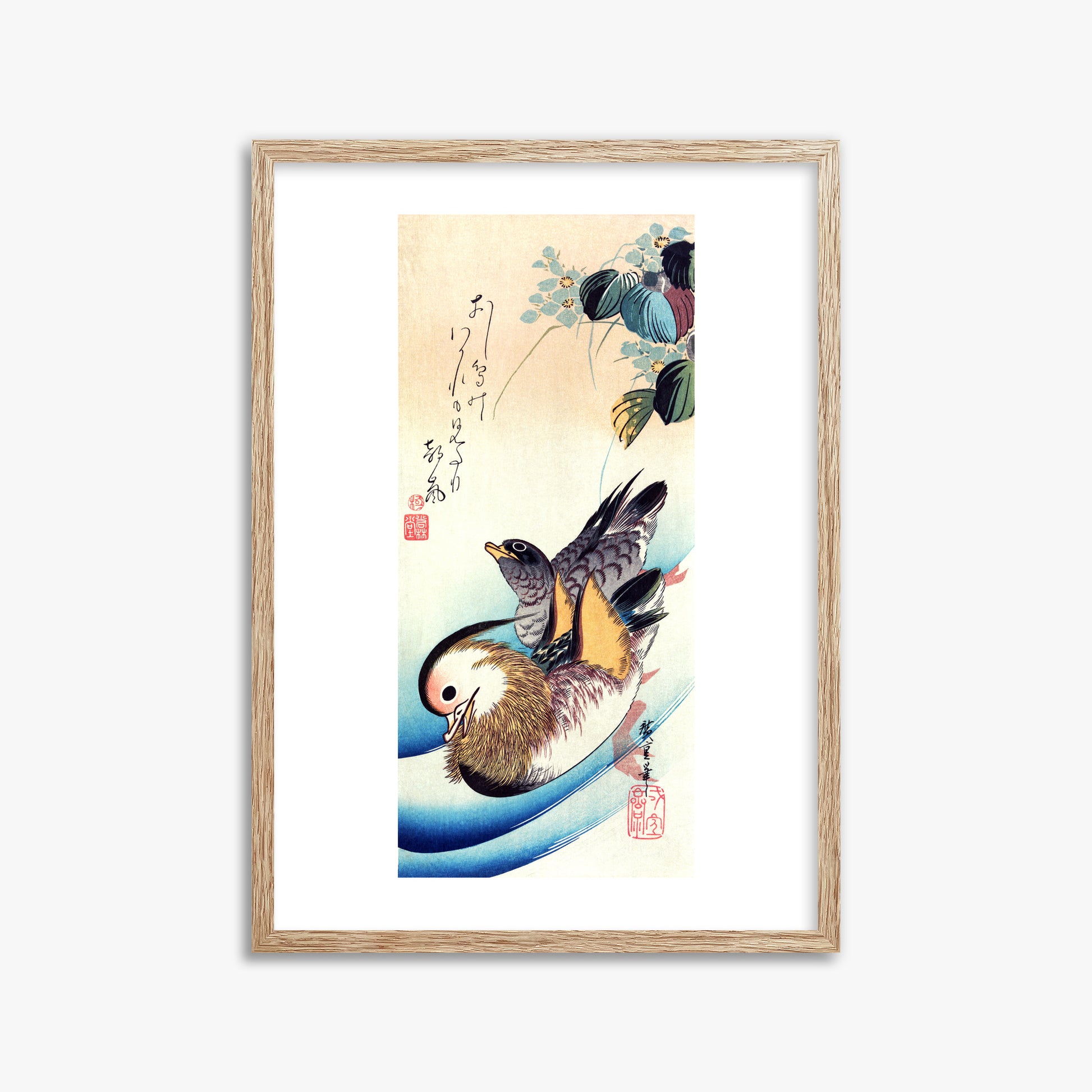 Utagawa Hiroshige: Two Mandarin Ducks, 50x70cm Framed Art Reproduction With Raw Oak Frame