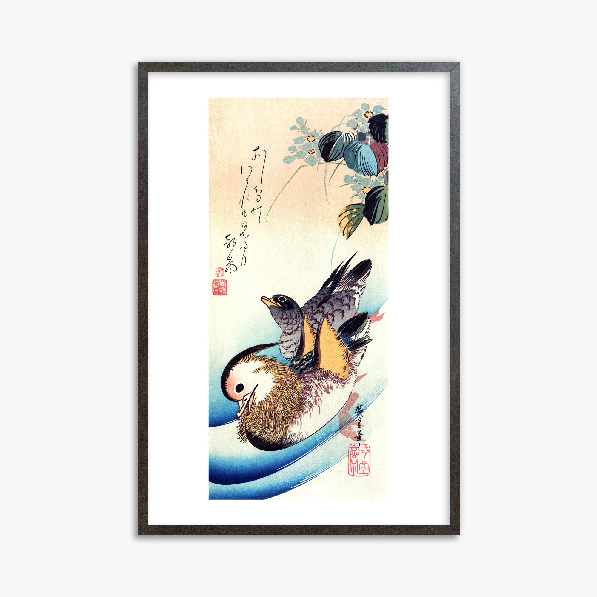 Utagawa Hiroshige: Two Mandarin Ducks, 61x91cm Framed Art Reproduction With Espresso Frame