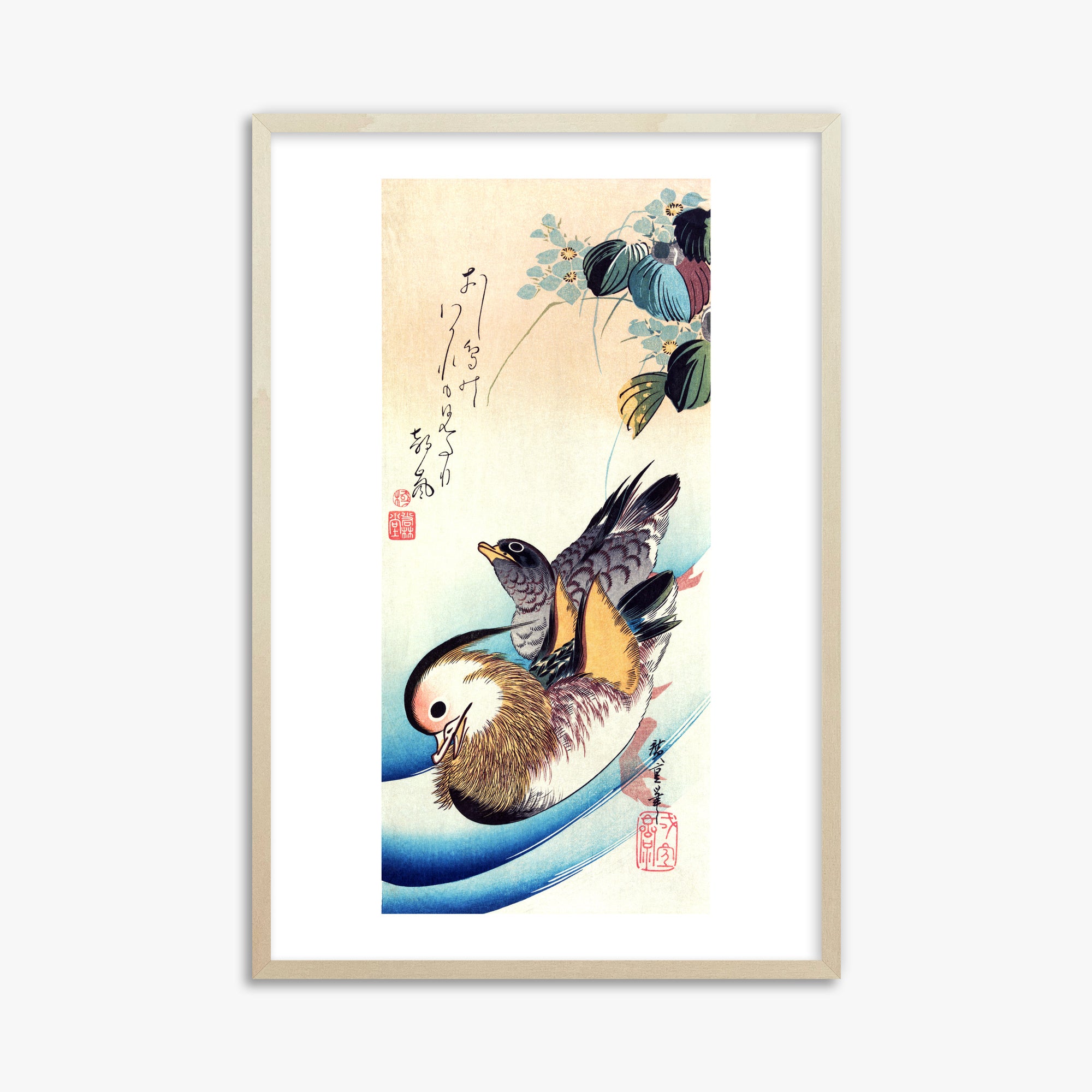 Utagawa Hiroshige: Two Mandarin Ducks, 61x91cm Framed Art Reproduction With Lime Wood Frame