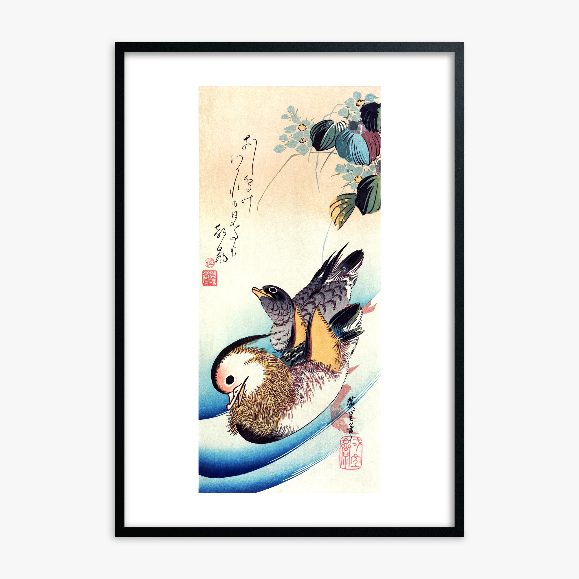 Utagawa Hiroshige: Two Mandarin Ducks, Black Framed Art Reproduction With Black Frame