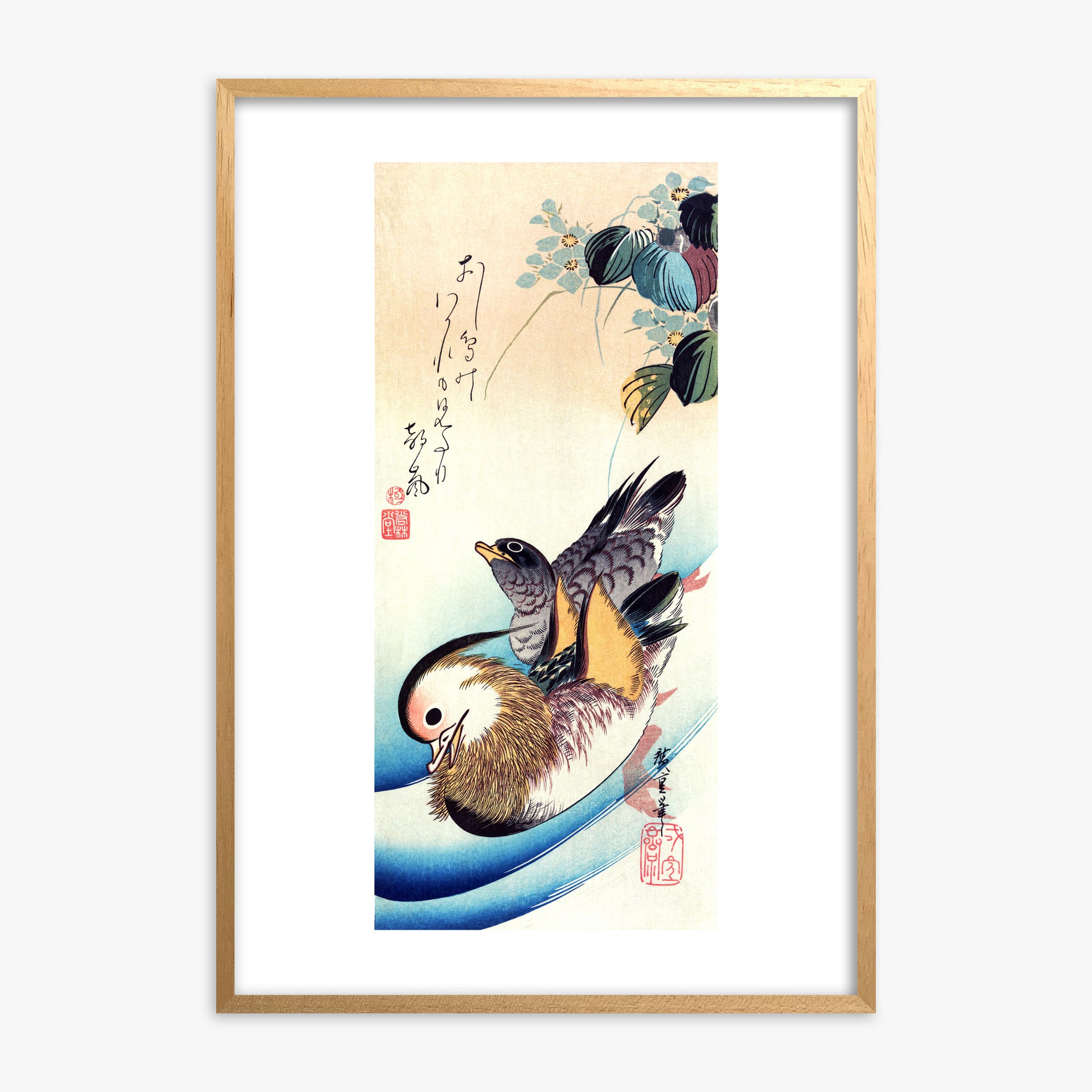 Utagawa Hiroshige: Two Mandarin Ducks, Oak Framed Art Reproduction With Oak Frame