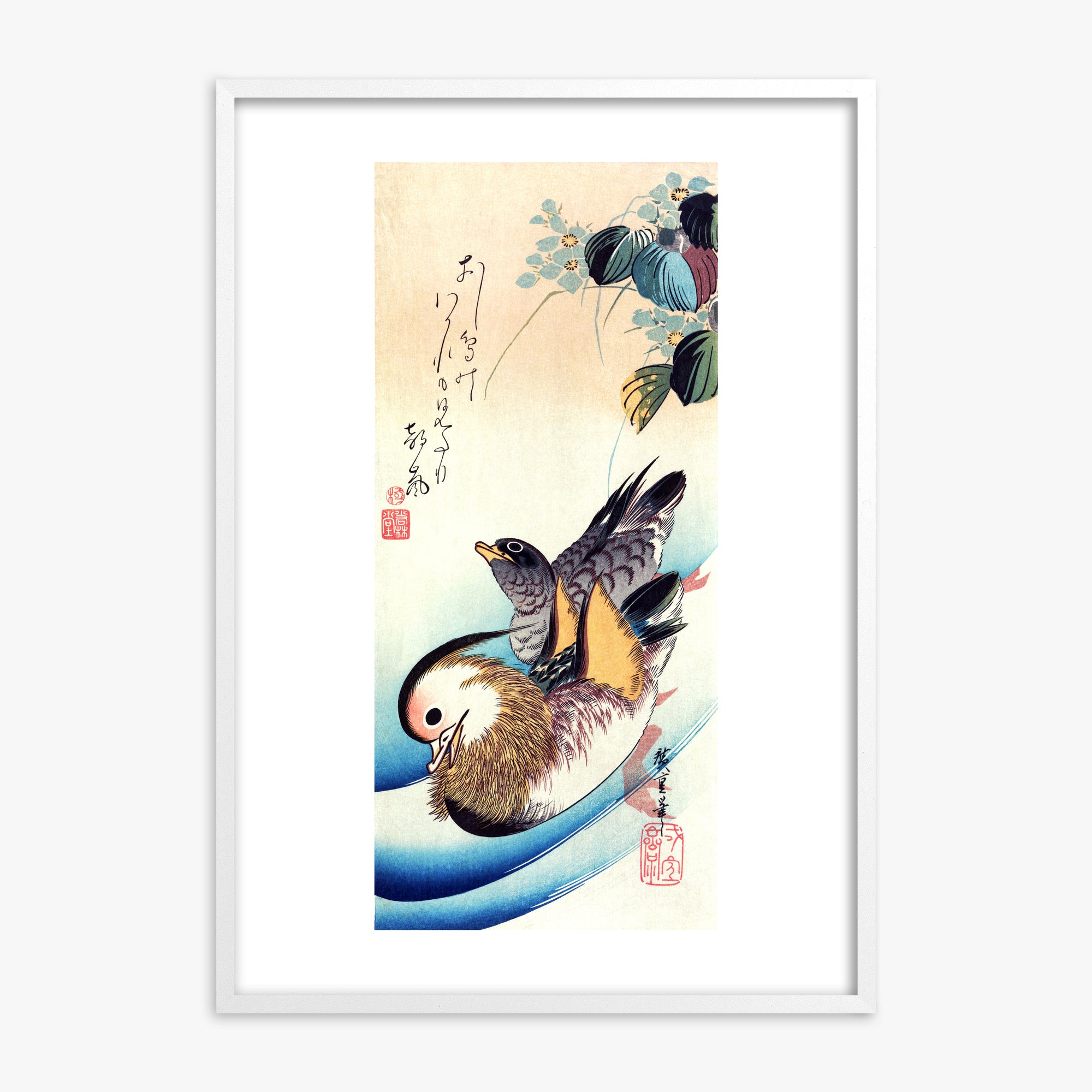 Utagawa Hiroshige: Two Mandarin Ducks, White Framed Art Reproduction With White Frame