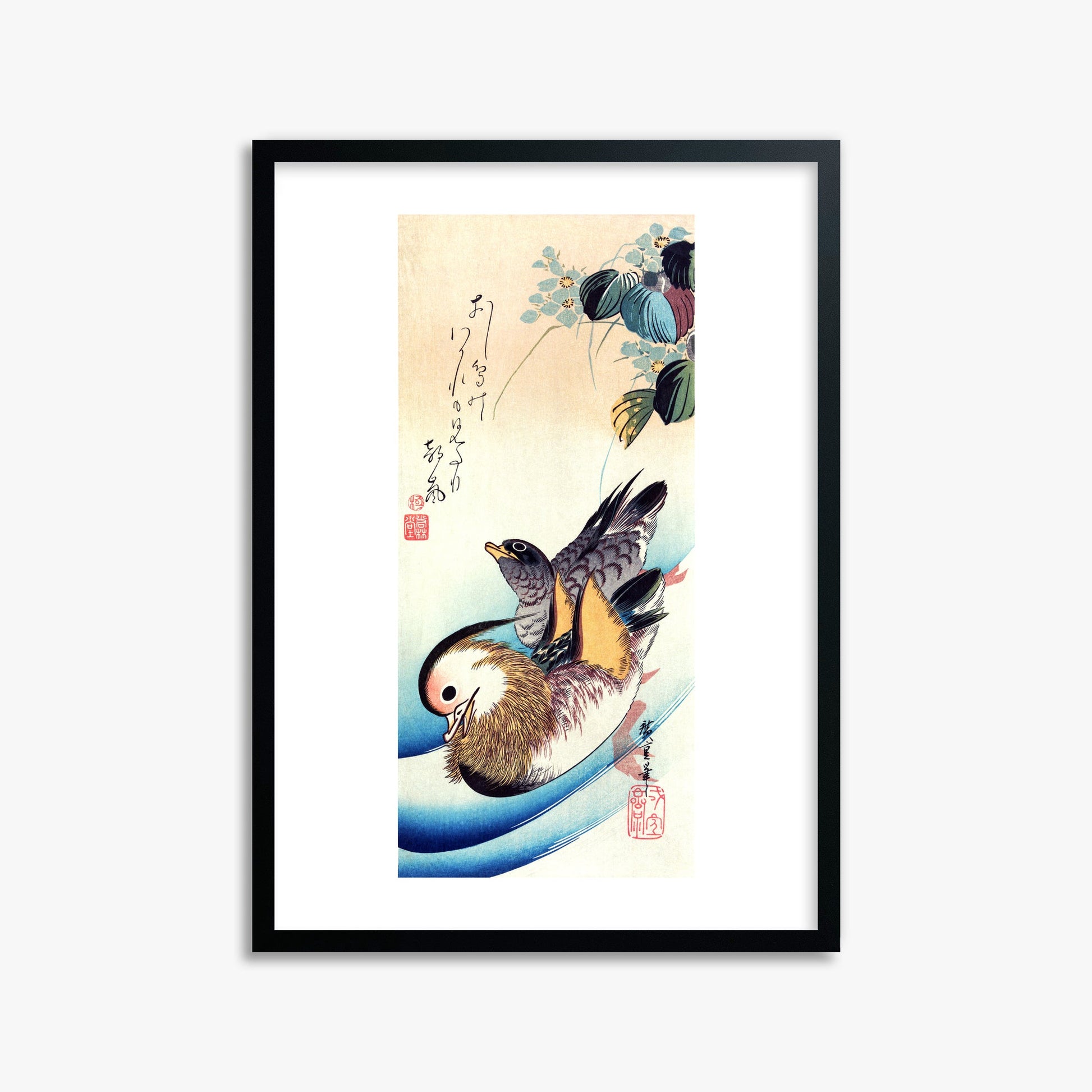 Utagawa Hiroshige: Two Mandarin Ducks, 50x70cm Black Framed Art Reproduction