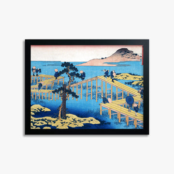 Katsushika Hokusai: Ancient View of Yatsuhashi in Mikawa Province, 30x40cm Framed Art Reproduction With Black Frame