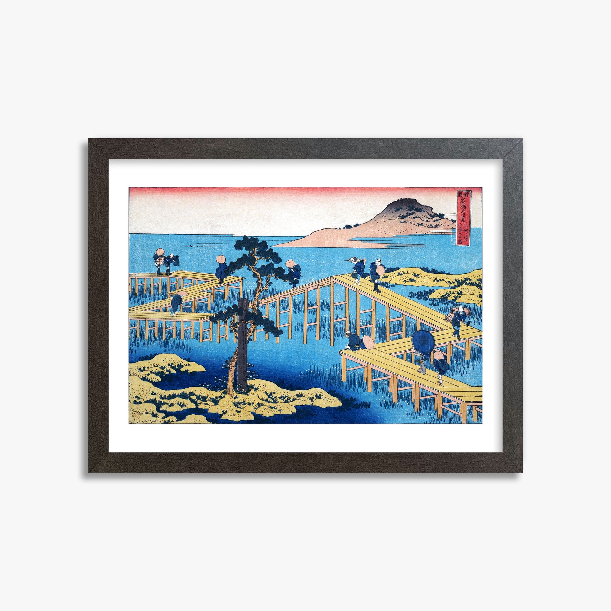 Katsushika Hokusai: Ancient View of Yatsuhashi in Mikawa Province, 30x40cm Framed Art Reproduction With Espresso Frame