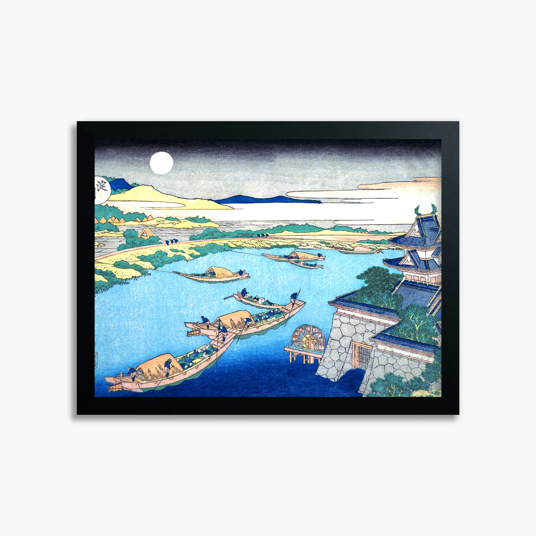 Katsushika Hokusai: Moonlight on the Yodo River, 30x40cm Framed Art Reproduction With Black Frame
