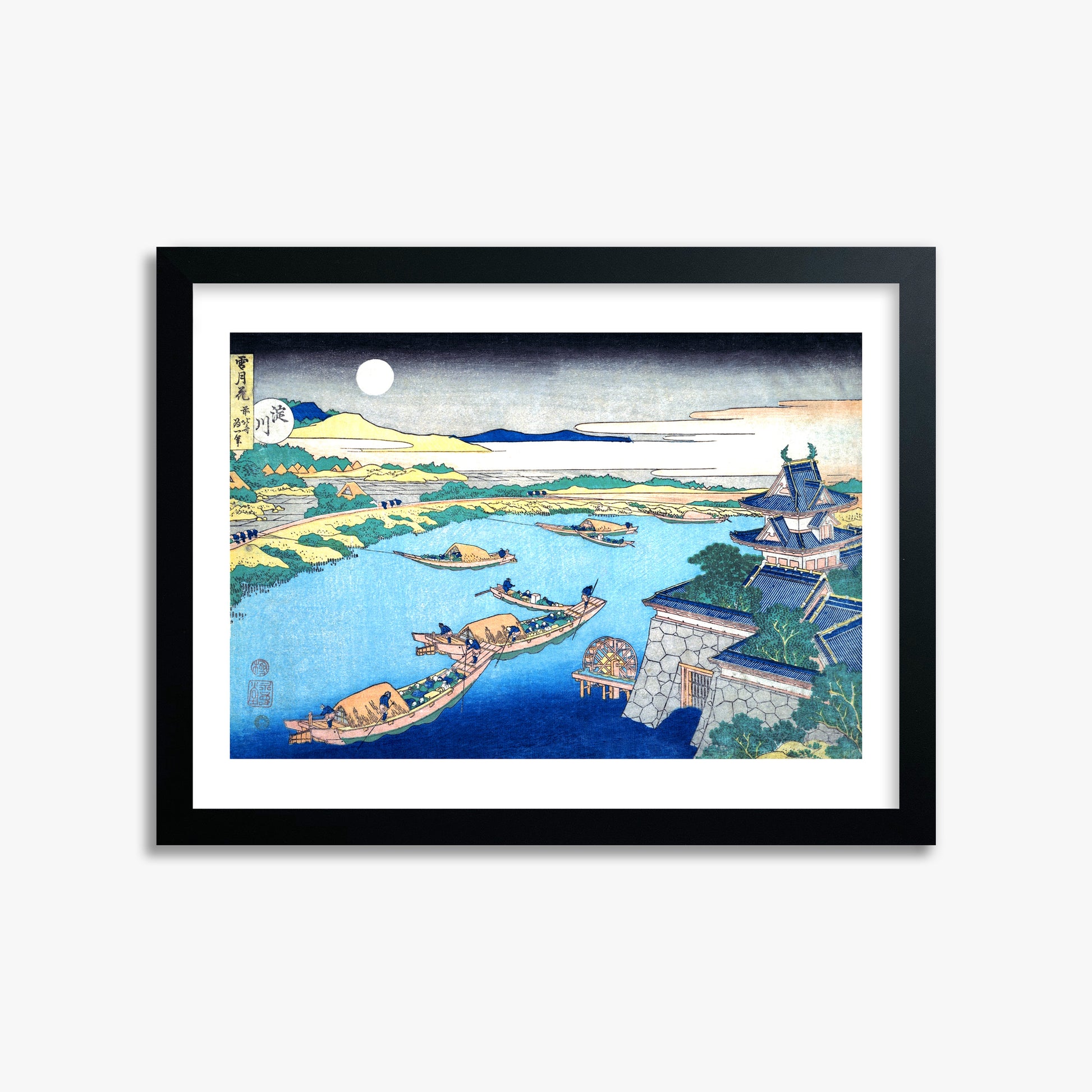 Katsushika Hokusai: Moonlight on the Yodo River, 30x40cm Framed Art Reproduction With Black Frame