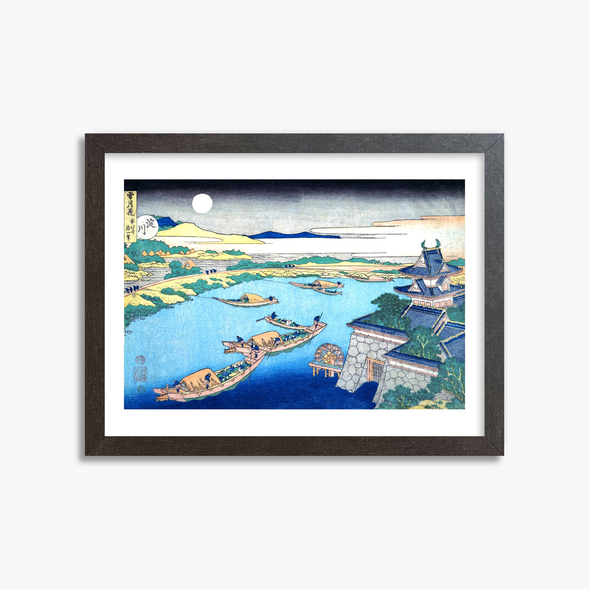 Katsushika Hokusai: Moonlight on the Yodo River, 30x40cm Framed Art Reproduction With Espresso Frame