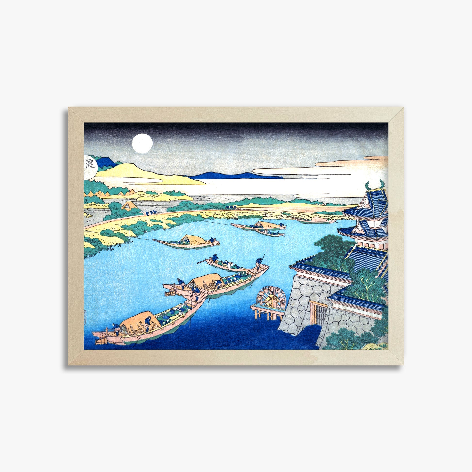 Katsushika Hokusai: Moonlight on the Yodo River, 30x40cm Framed Art Reproduction With Lime Wood Frame