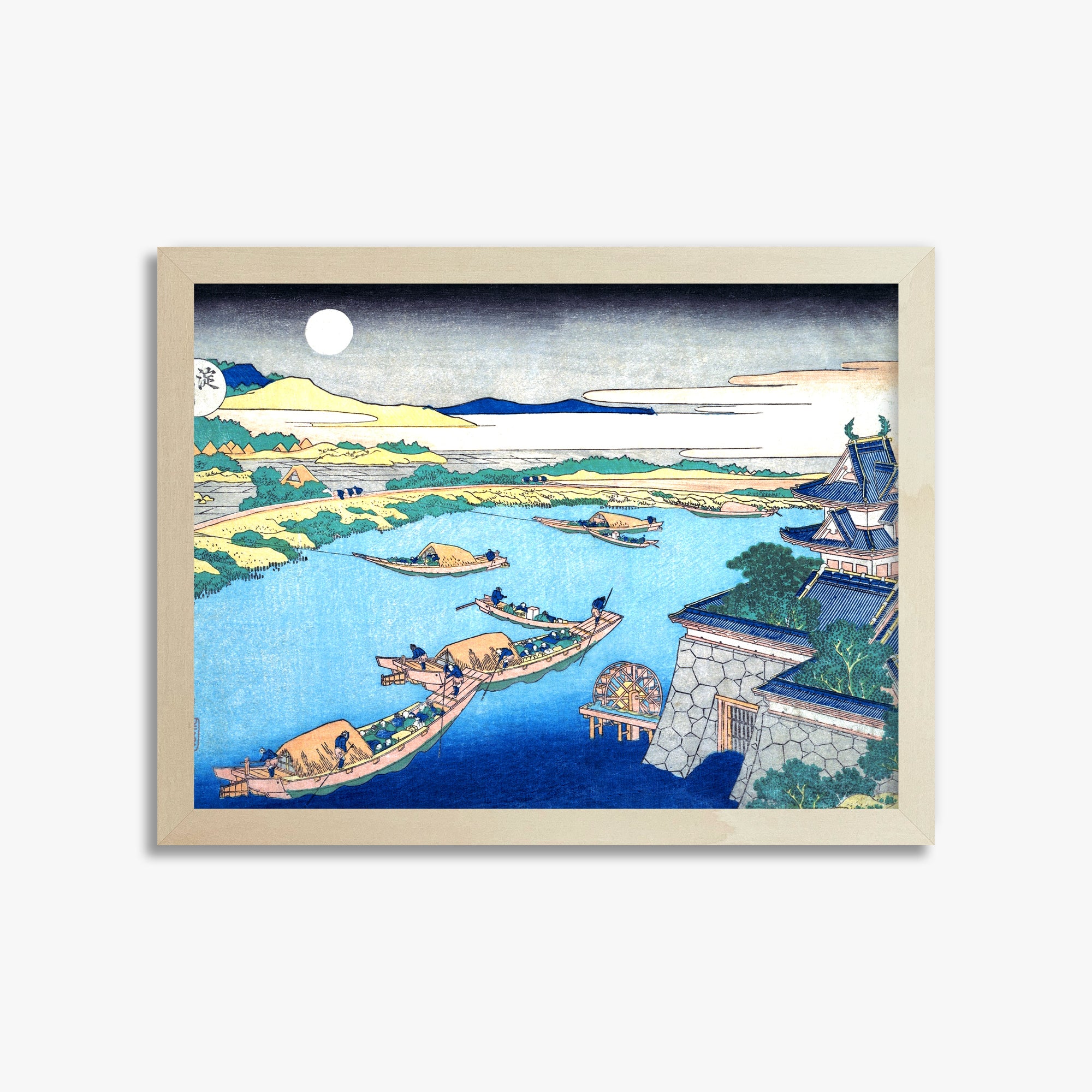 Katsushika Hokusai: Moonlight on the Yodo River, 30x40cm Framed Art Reproduction With Lime Wood Frame